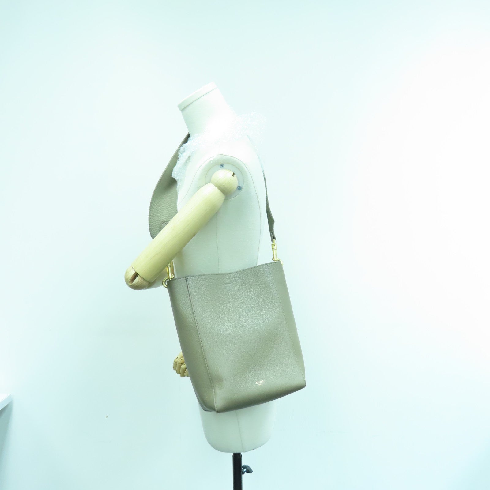 CELINE Cowhide Leather Small Sangle Bucket Gold Buckle Shoulder Bag Beige