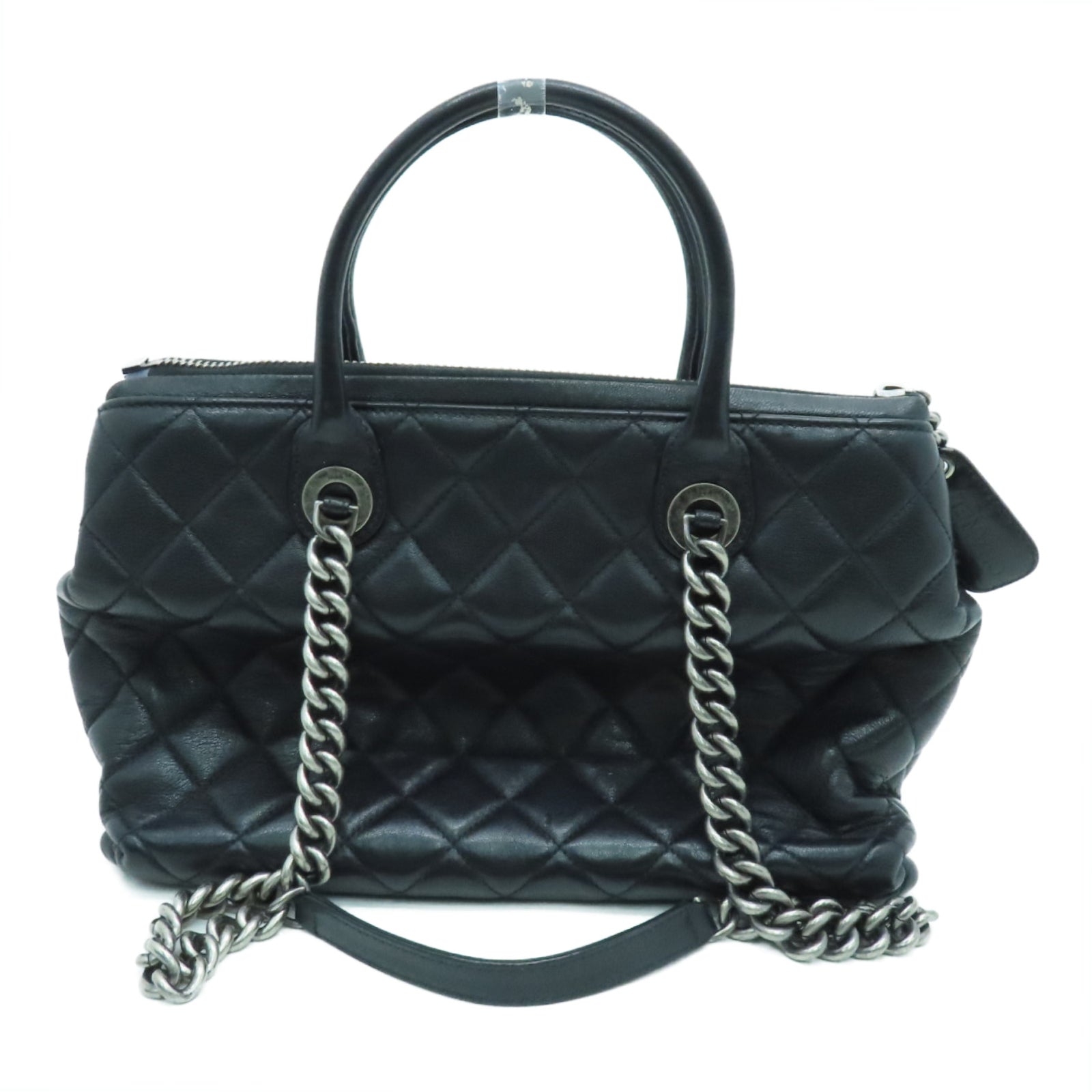 CHANEL diamond Caviar leather Tote Bag silver buckle handle bag black