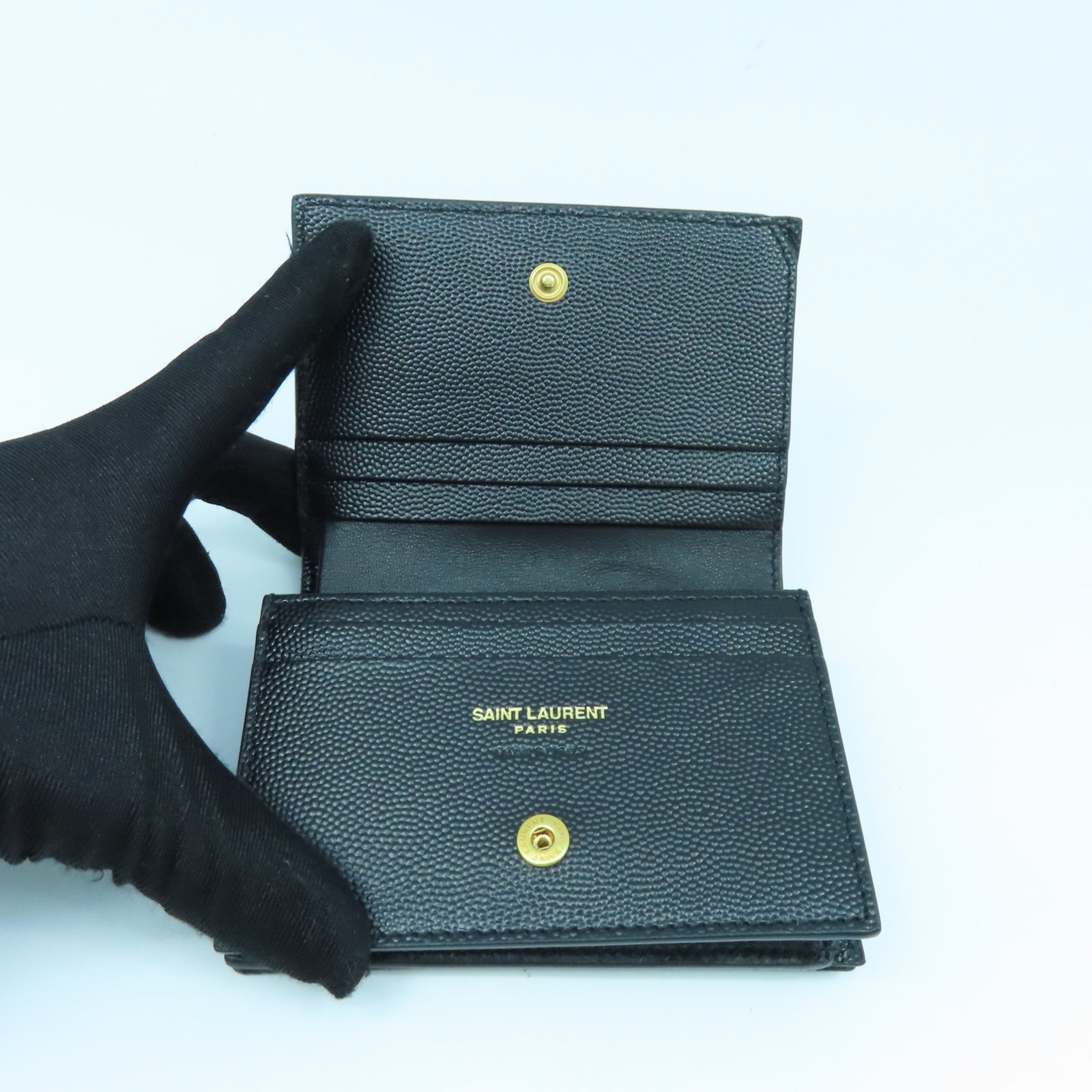 SAINT LAURENT Calfskin Leather Wallet Gold Buckle Wallet Black