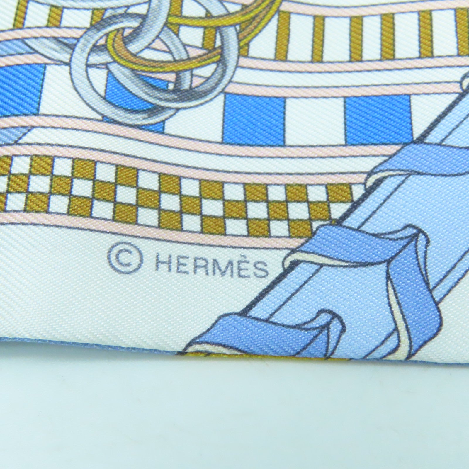 HERMES 丝质Twilly丝巾浅蓝色黄色白色