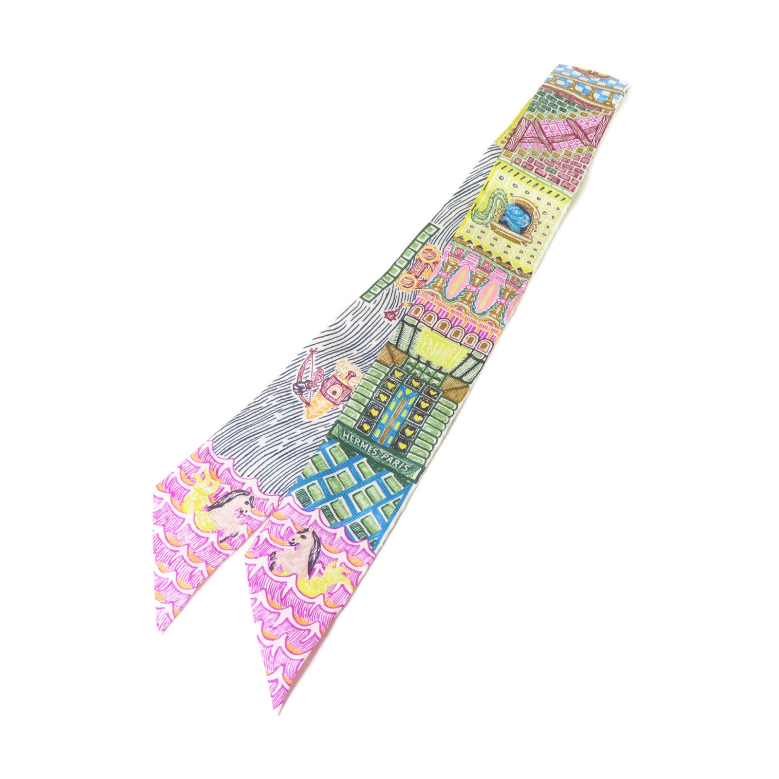 HERMES 絲質Twilly Scarf絲巾黃色/綠色/彩色