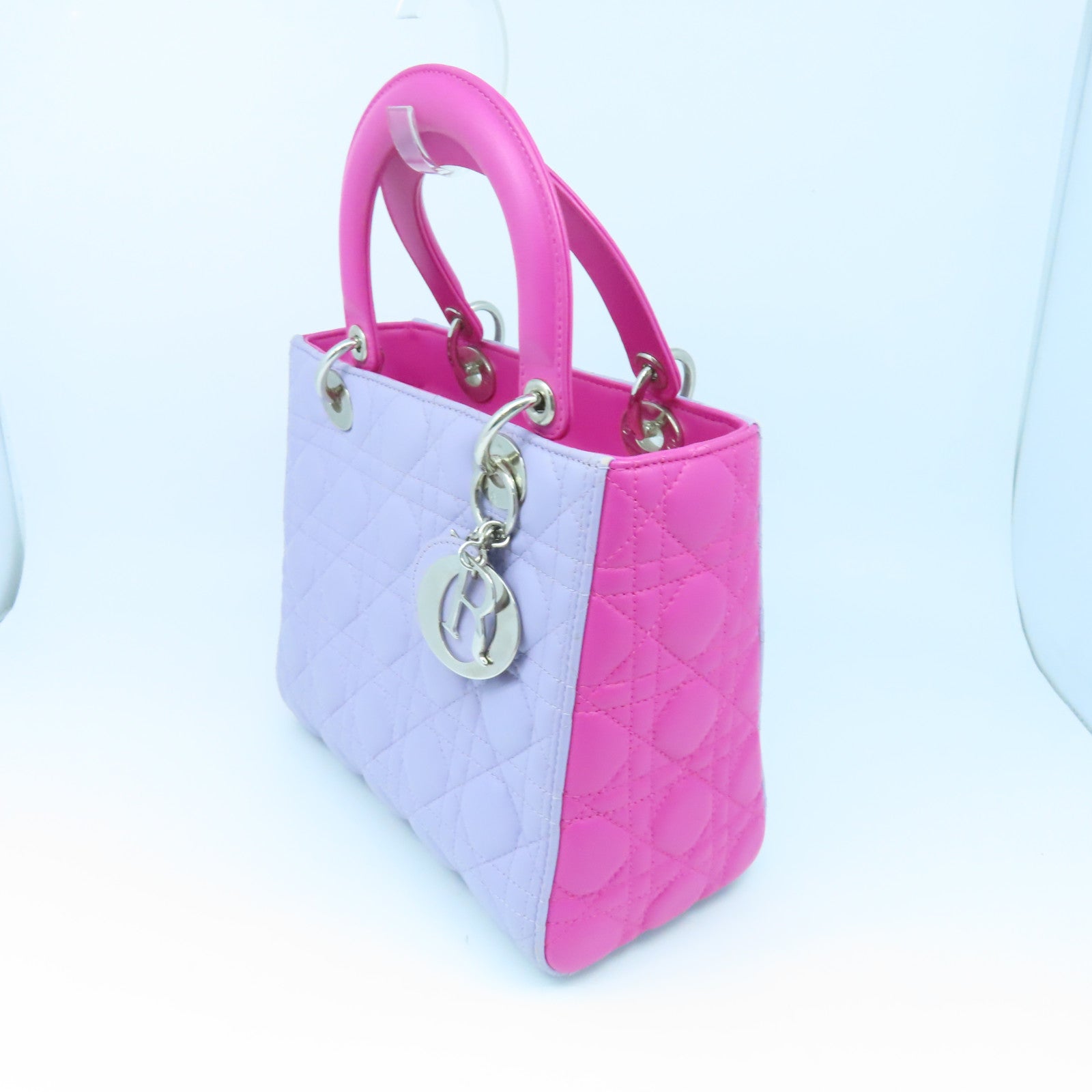 Dior Sheepskin Leather Lady Dior Silver Buckle Handle Shoulder Bag Pink/Purple