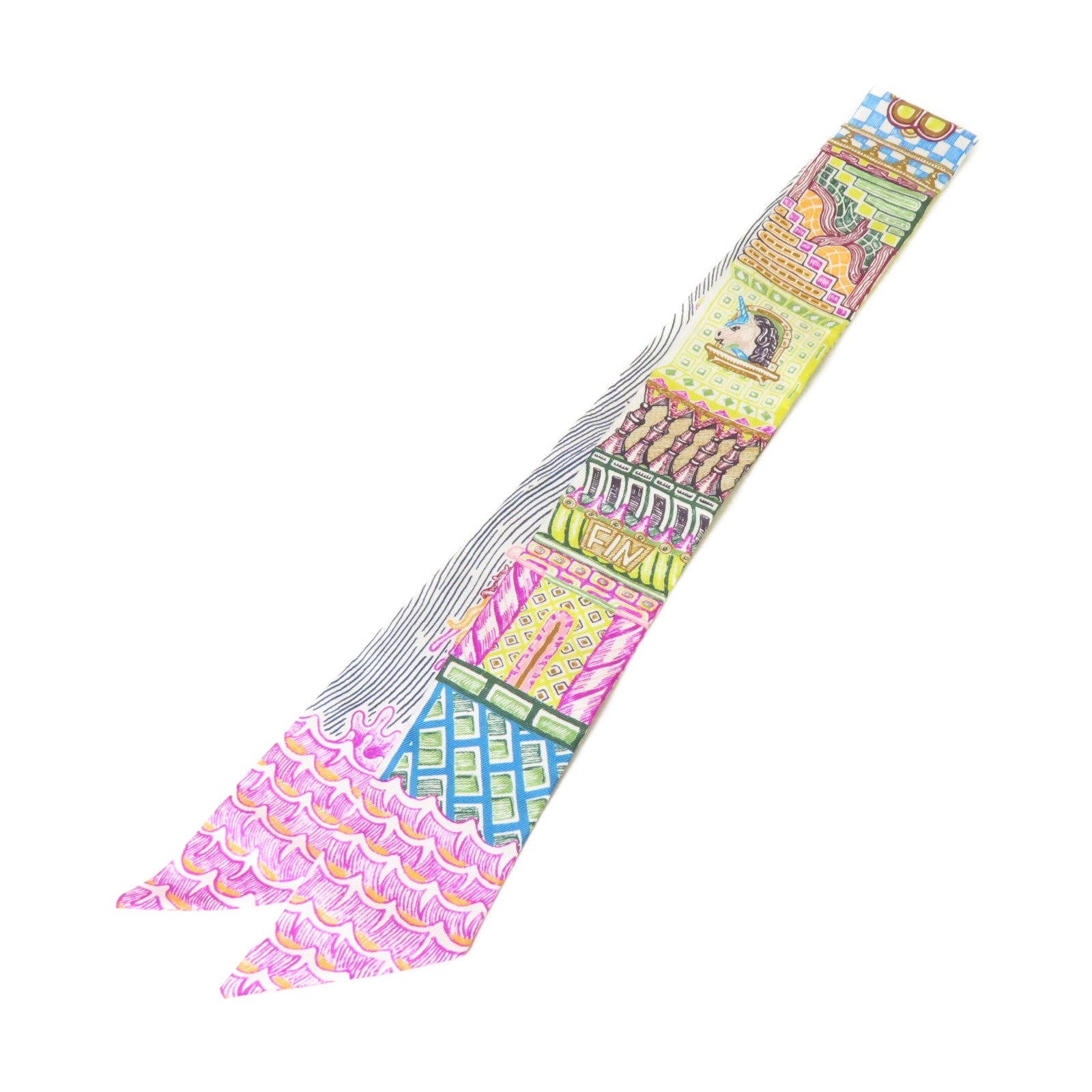 HERMES 絲質Twilly Scarf絲巾黃色/綠色/彩色