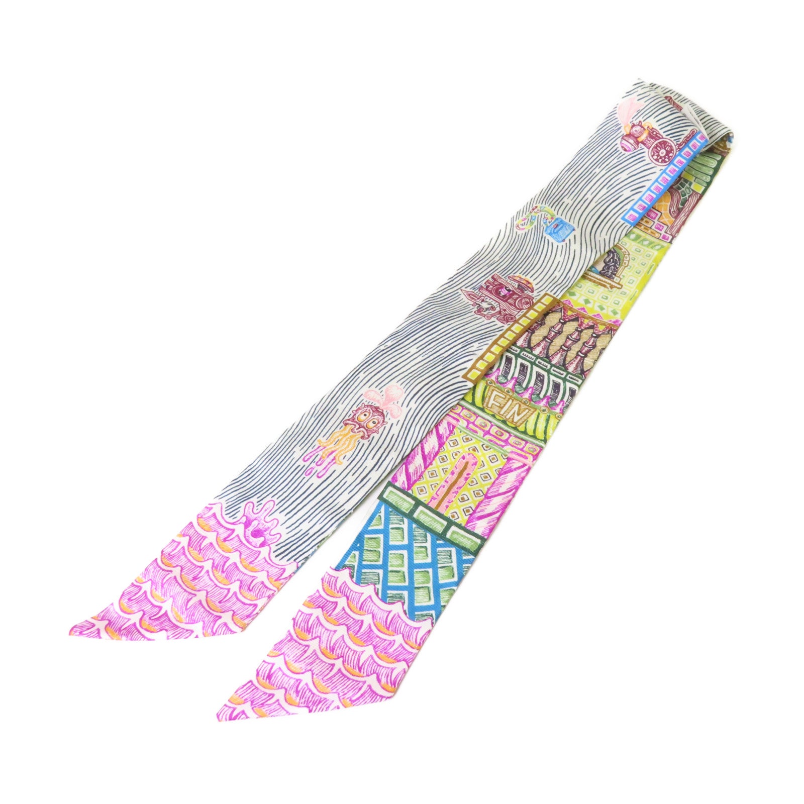 HERMES 絲質Twilly Scarf絲巾黃色/綠色/彩色