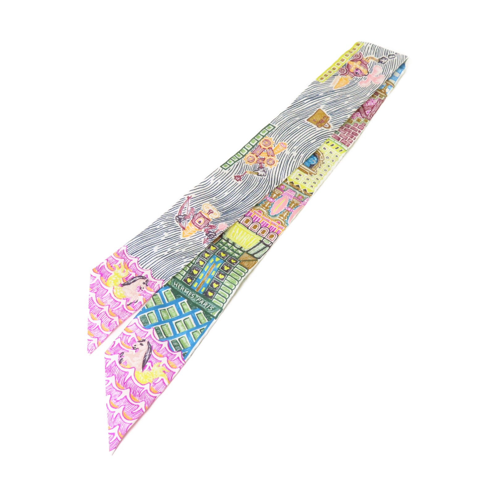 HERMES 絲質Twilly Scarf絲巾黃色/綠色/彩色