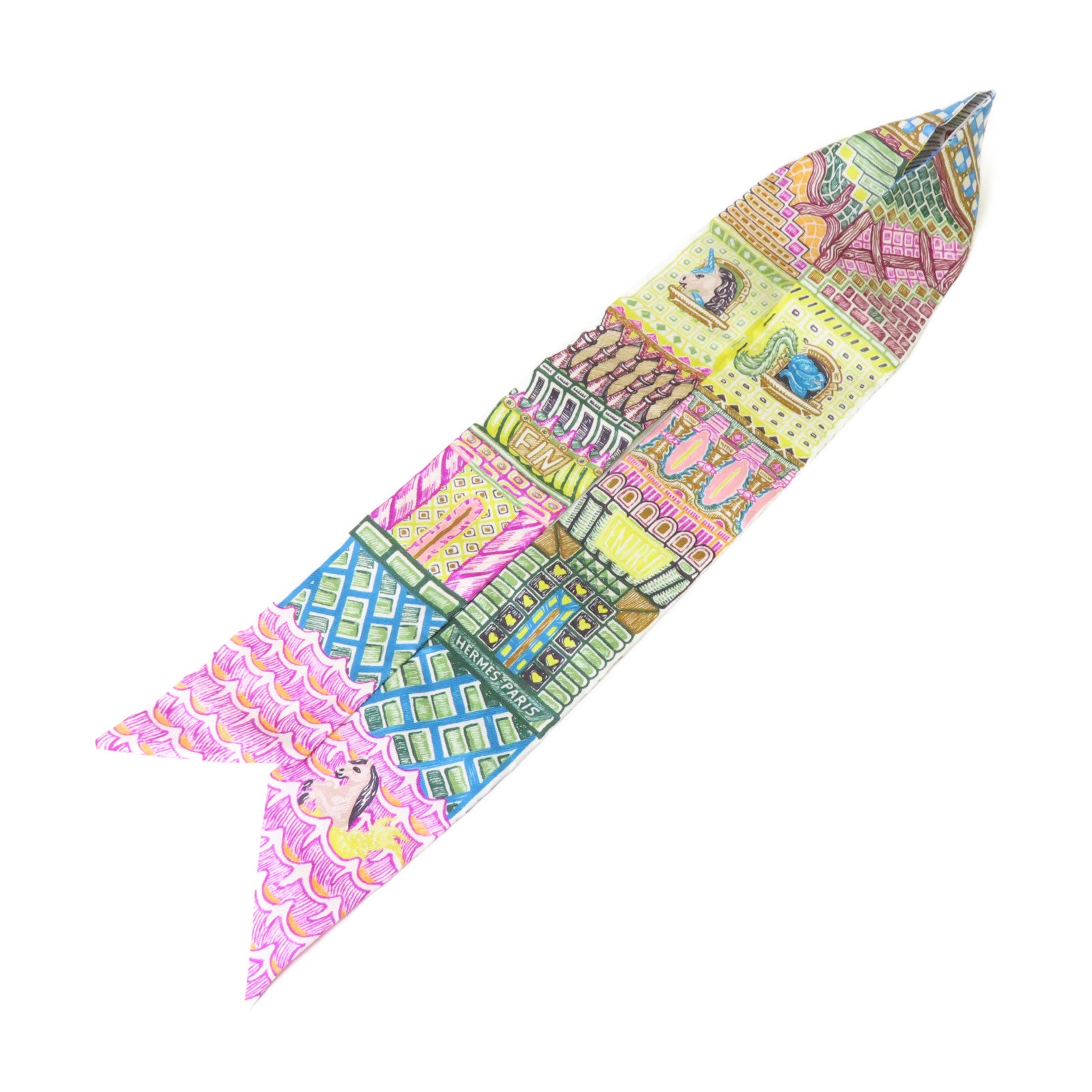 HERMES 絲質Twilly Scarf絲巾黃色/綠色/彩色