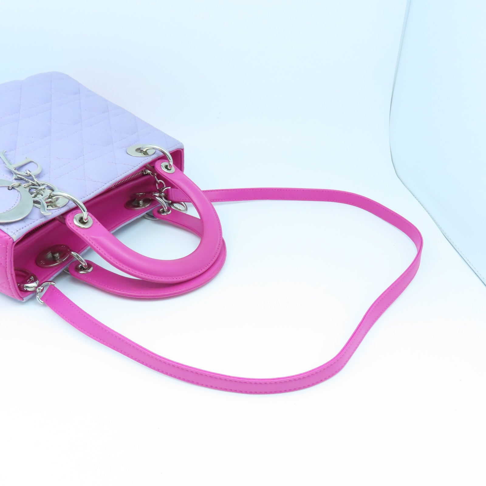 Dior Sheepskin Leather Lady Dior Silver Buckle Handle Shoulder Bag Pink/Purple