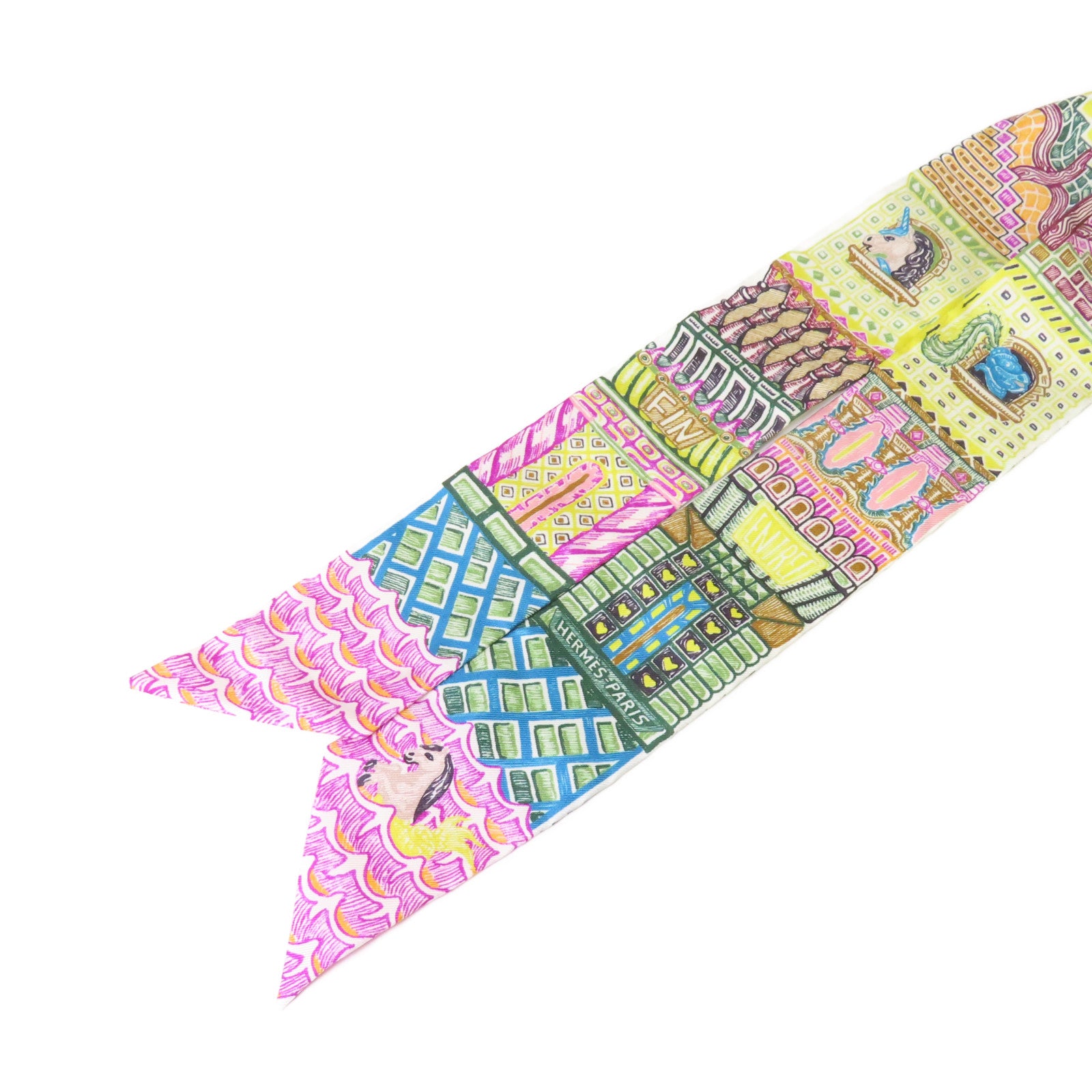 HERMES 絲質Twilly Scarf絲巾黃色/綠色/彩色