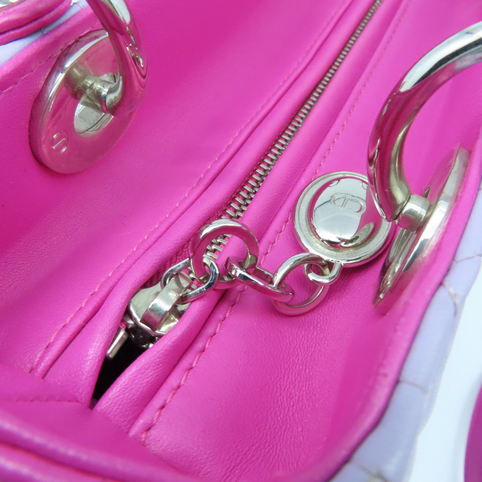 Dior Sheepskin Leather Lady Dior Silver Buckle Handle Shoulder Bag Pink/Purple