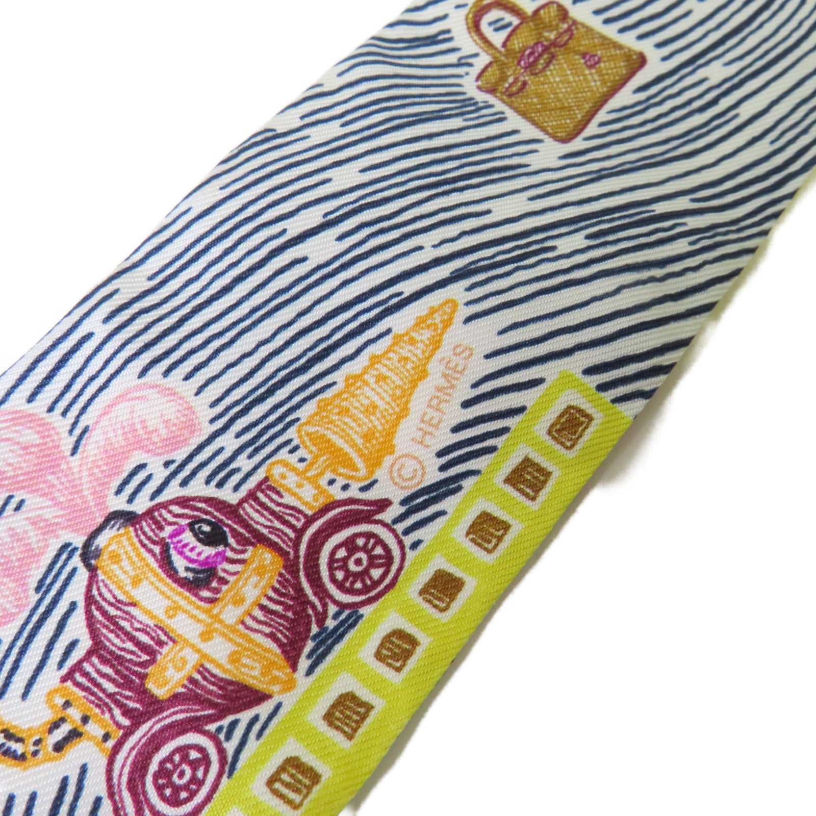 HERMES 絲質Twilly Scarf絲巾黃色/綠色/彩色