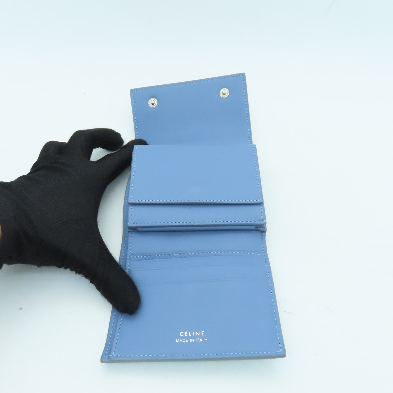 CELINE Cowhide Leather Wallet Silver Buckle Wallet Light Blue