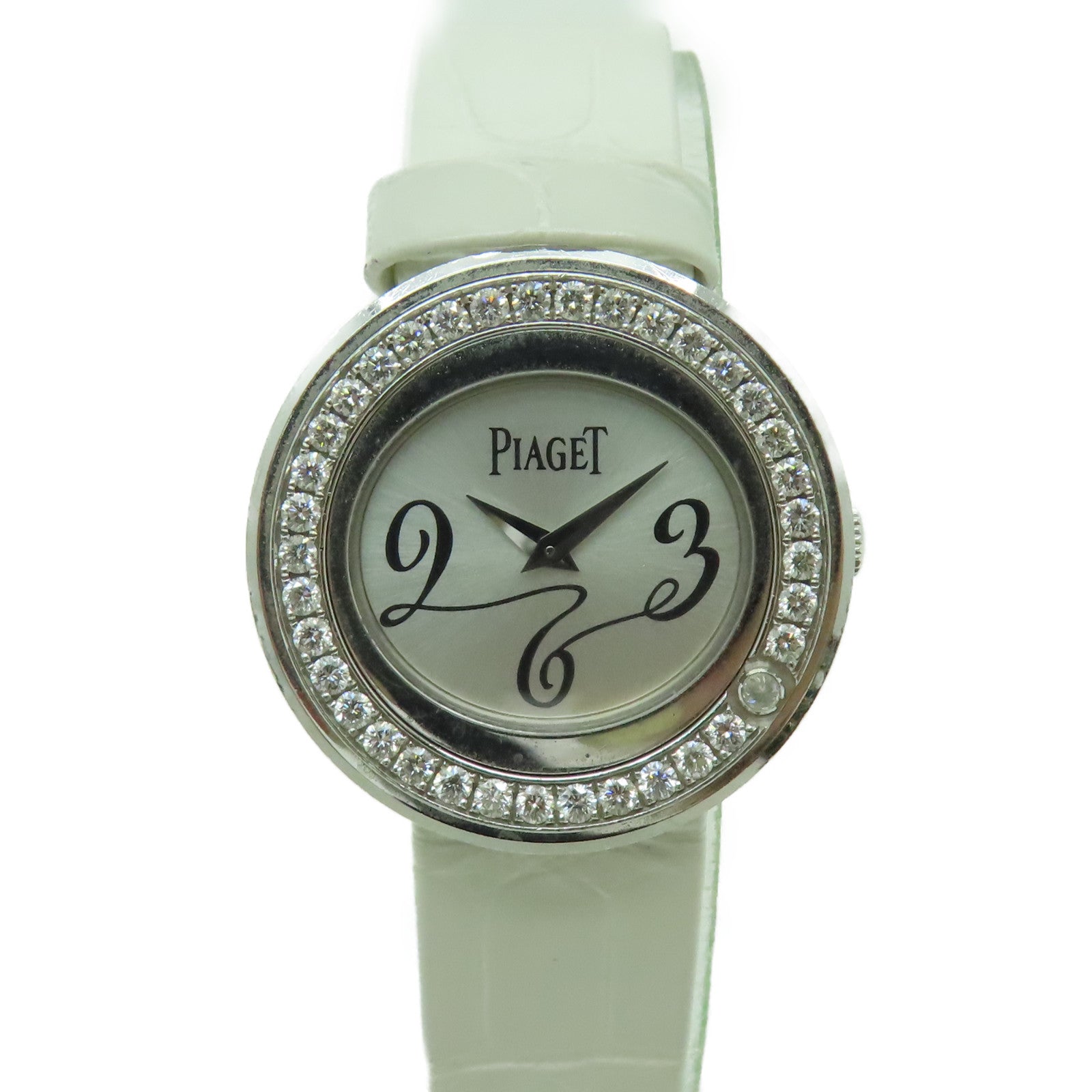 PIAGET Possession皮革帶/18K白金手錶石英機芯銀色