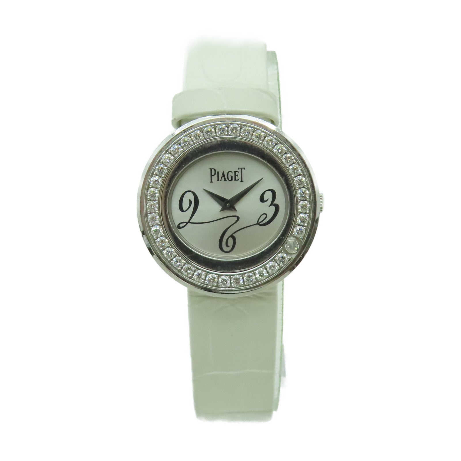 PIAGET Possession皮革帶/18K白金手錶石英機芯銀色