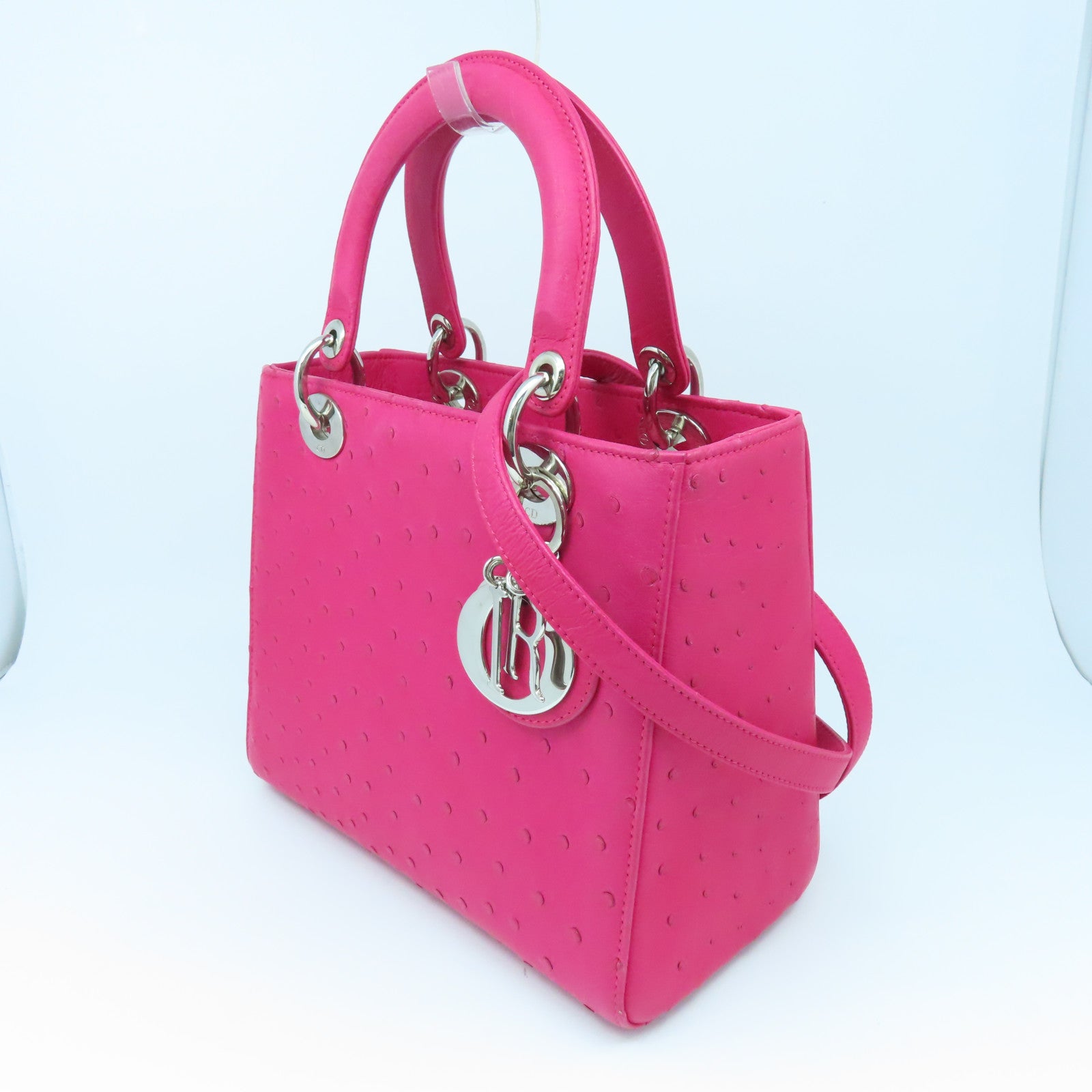 Dior Ostrich Leather Lady Dior Silver Buckle Handle Shoulder Bag Pink