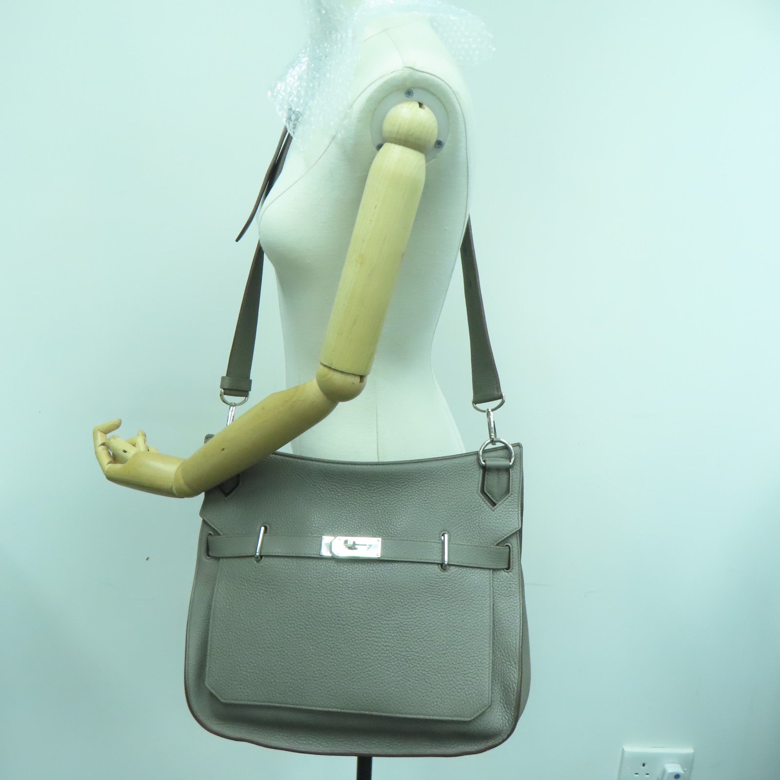 HERMES Clemence皮革Jypsiese 34银扣肩背袋Etain/灰色
