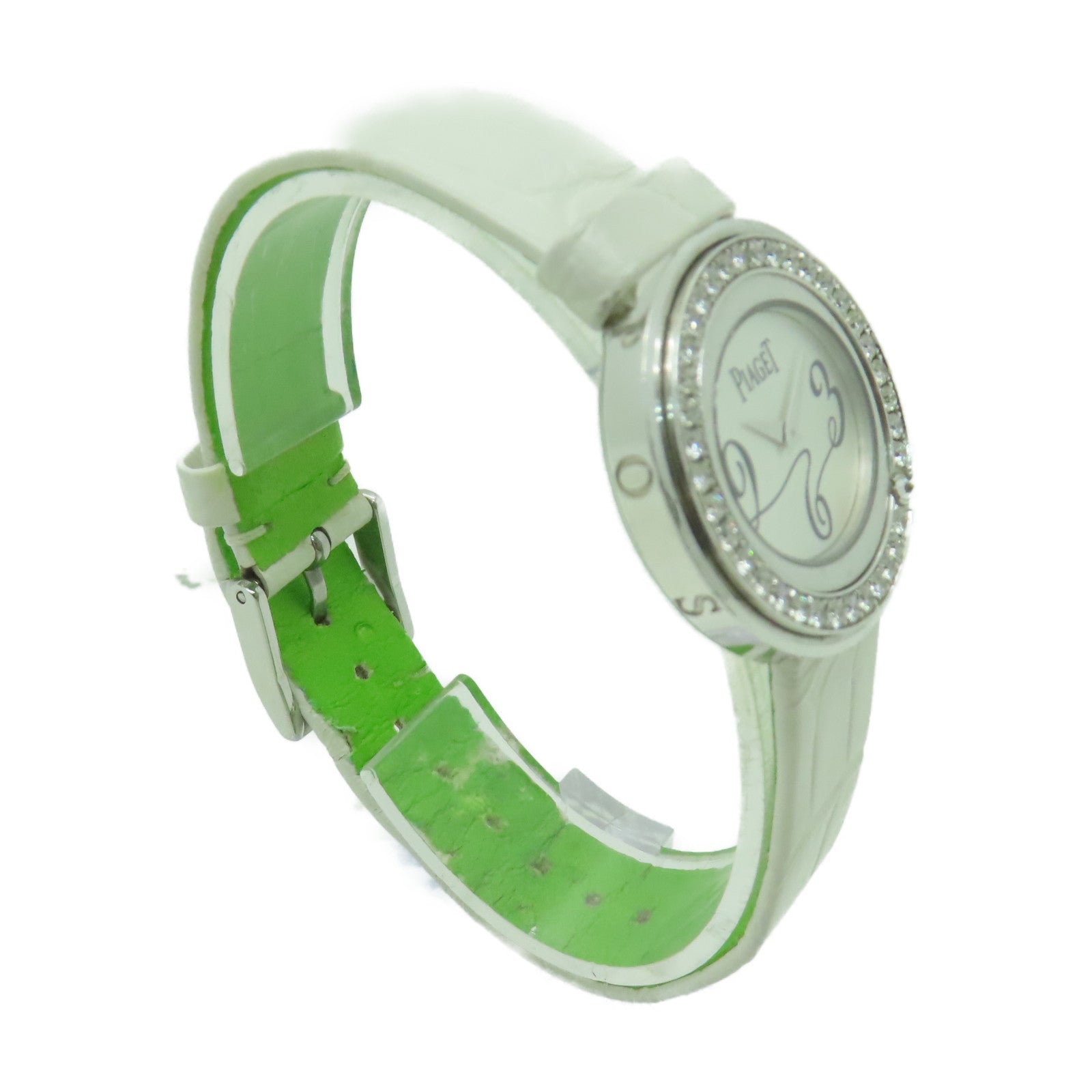 PIAGET Possession皮革帶/18K白金手錶石英機芯銀色