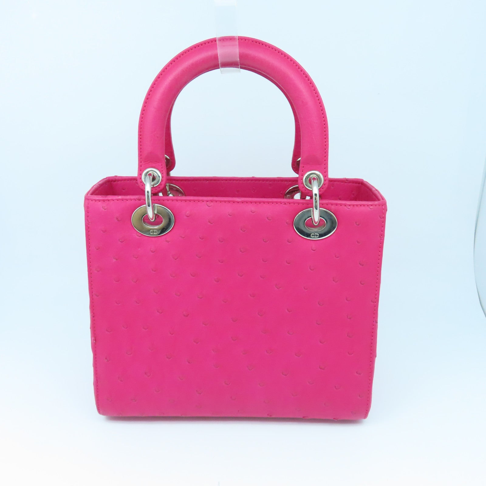 Dior Ostrich Leather Lady Dior Silver Buckle Handle Shoulder Bag Pink