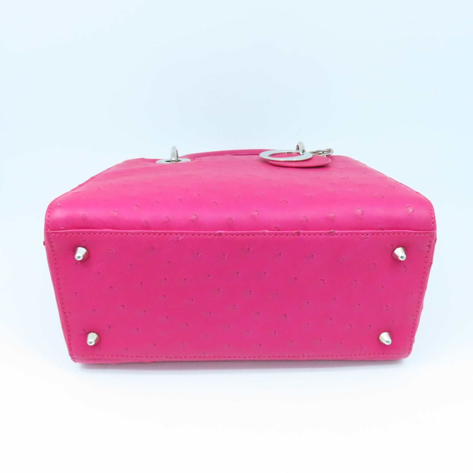 Dior Ostrich Leather Lady Dior Silver Buckle Handle Shoulder Bag Pink