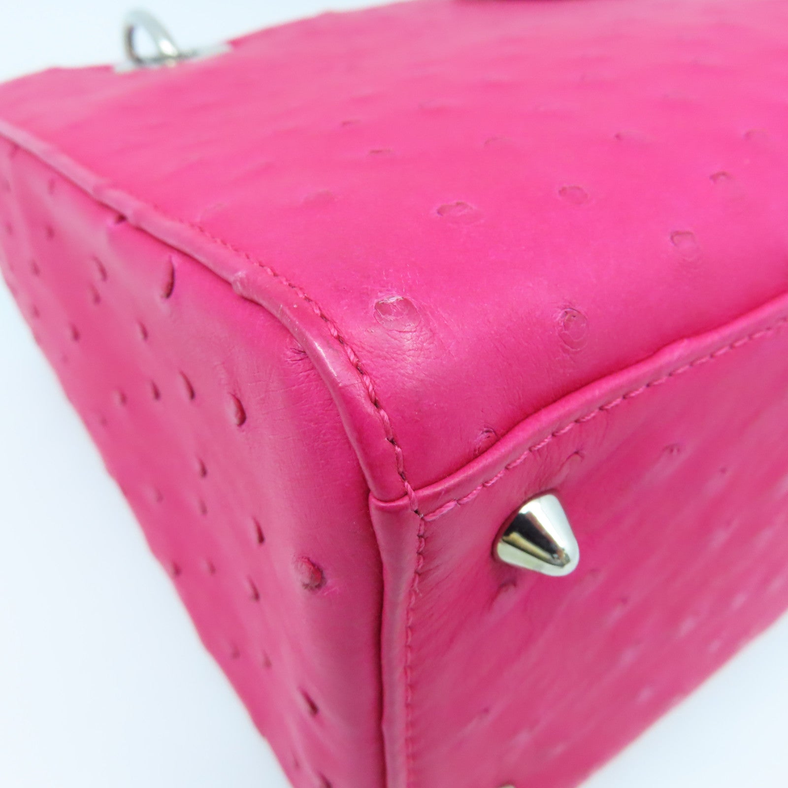 Dior Ostrich Leather Lady Dior Silver Buckle Handle Shoulder Bag Pink