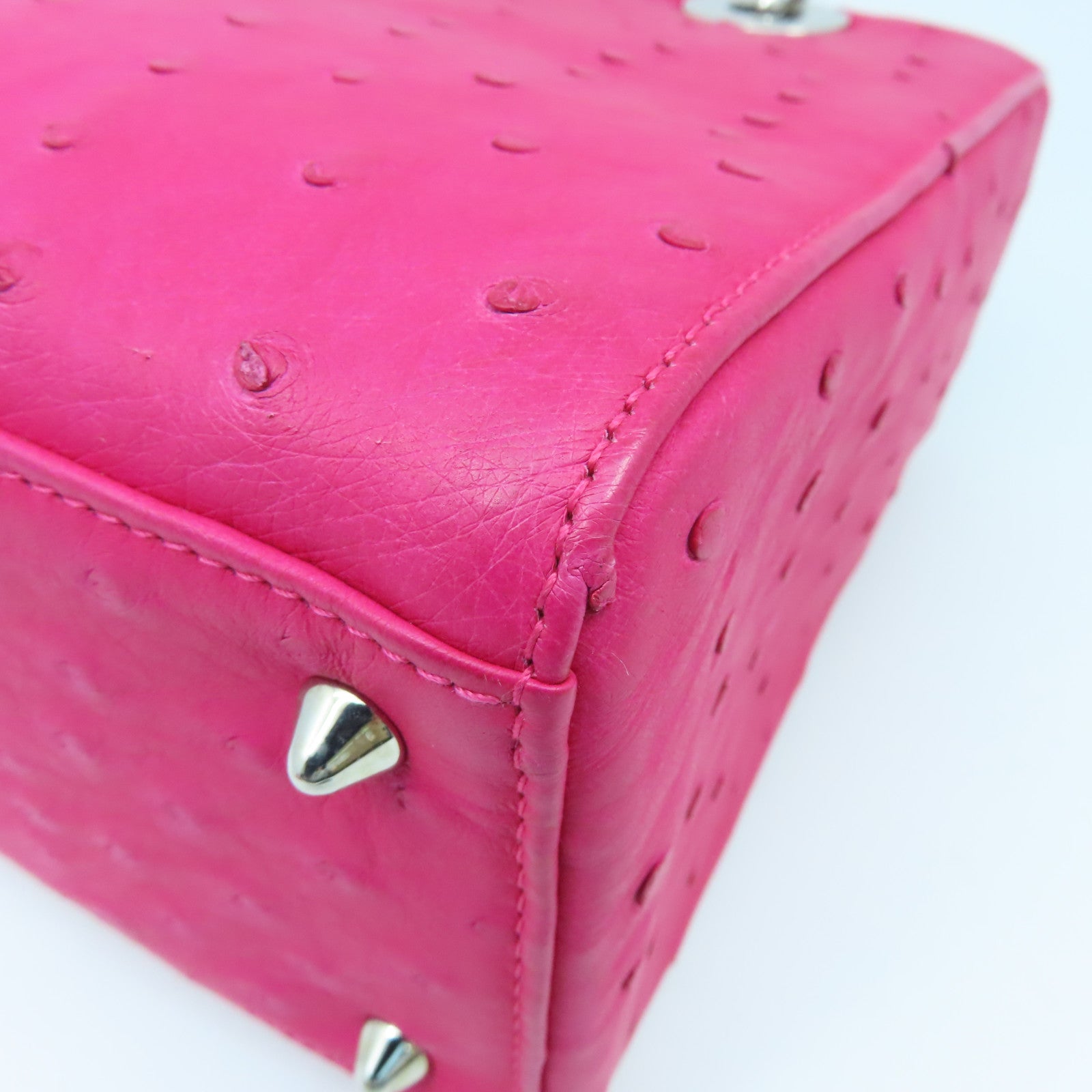 Dior Ostrich Leather Lady Dior Silver Buckle Handle Shoulder Bag Pink