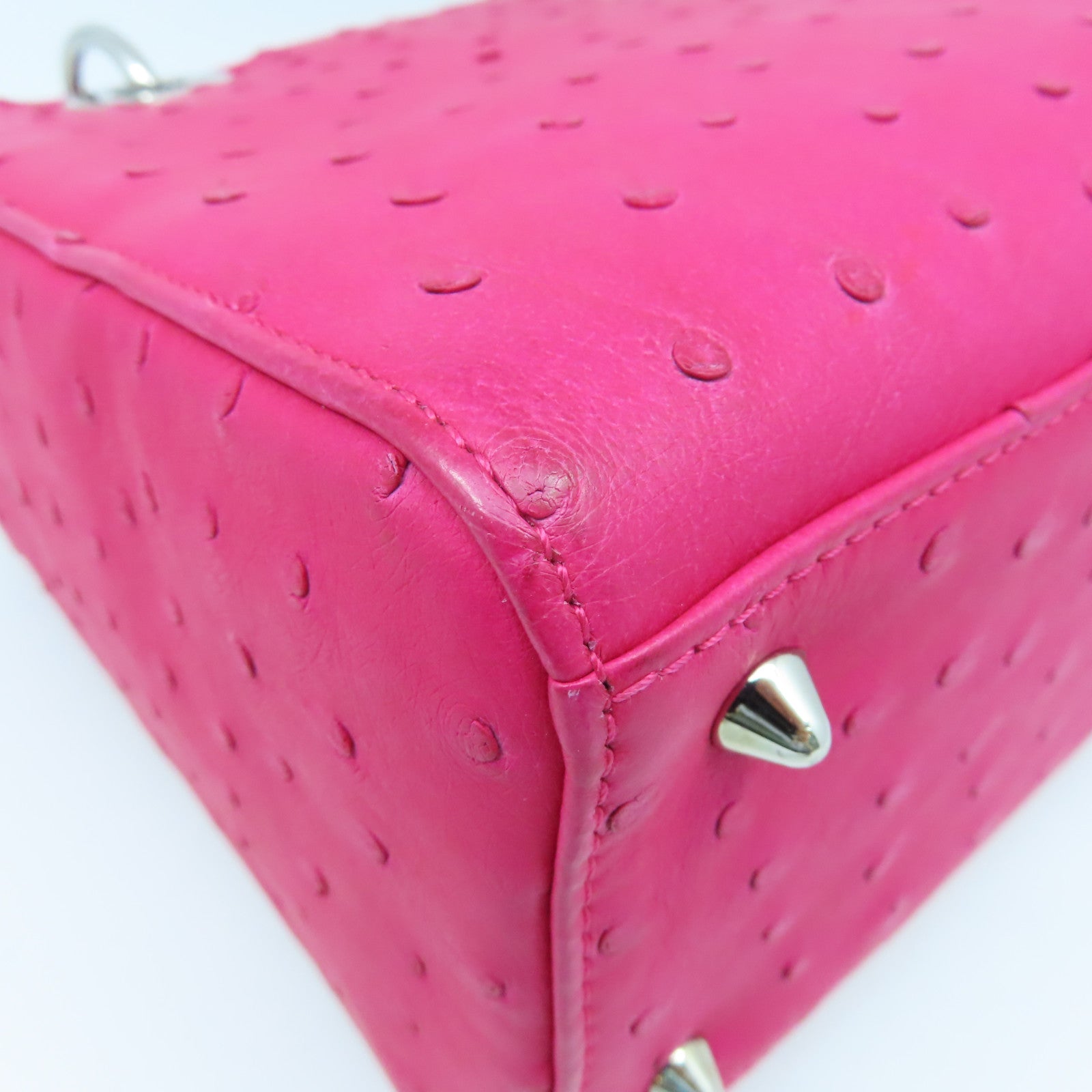 Dior Ostrich Leather Lady Dior Silver Buckle Handle Shoulder Bag Pink