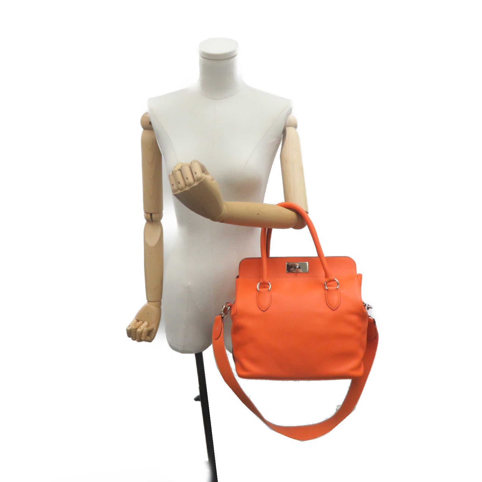 HERMES Evercolour皮革Toolbox 26 2way Shoulder Bag银扣手挽肩背两用袋Orange橙色
