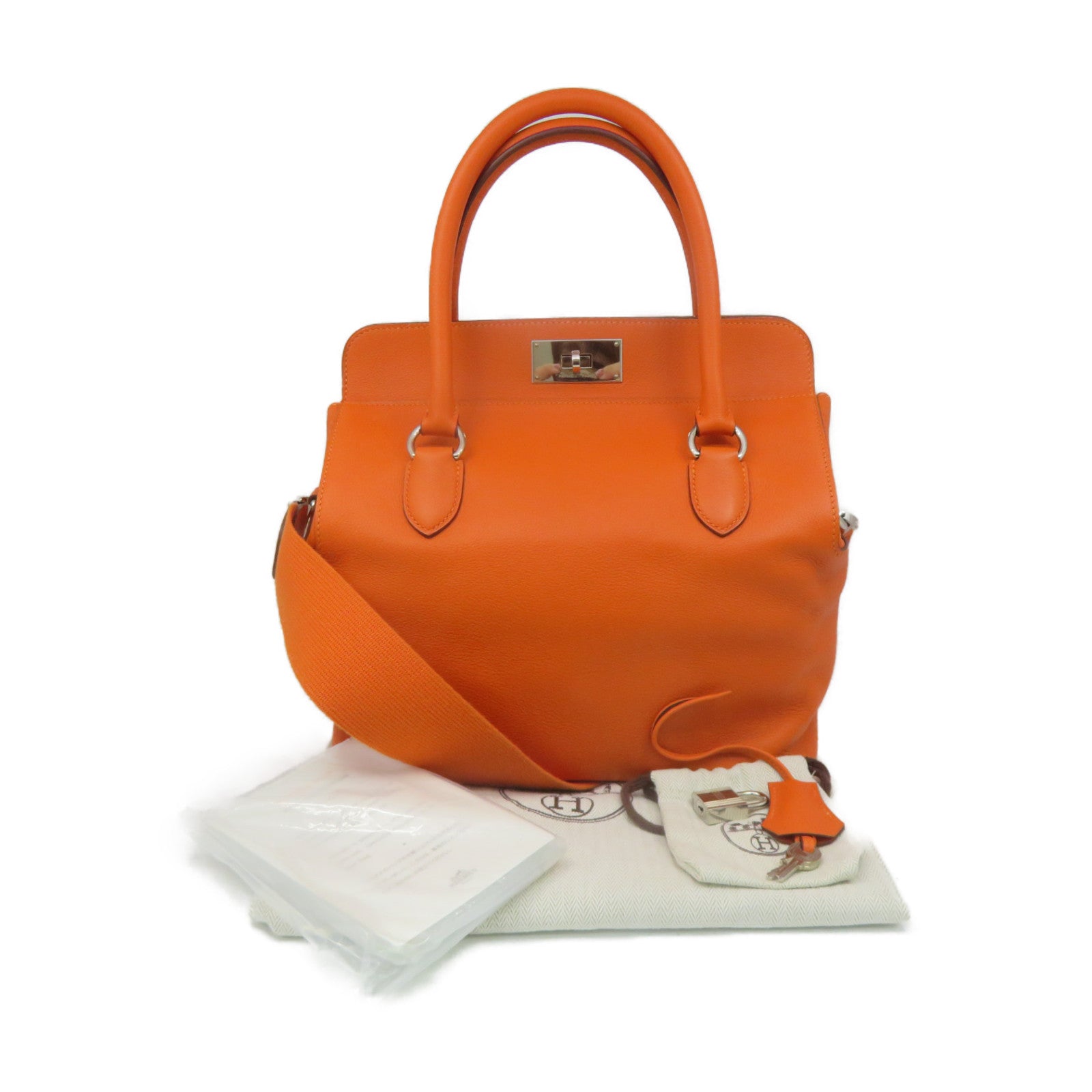 HERMES Evercolour皮革Toolbox 26 2way Shoulder Bag银扣手挽肩背两用袋Orange橙色