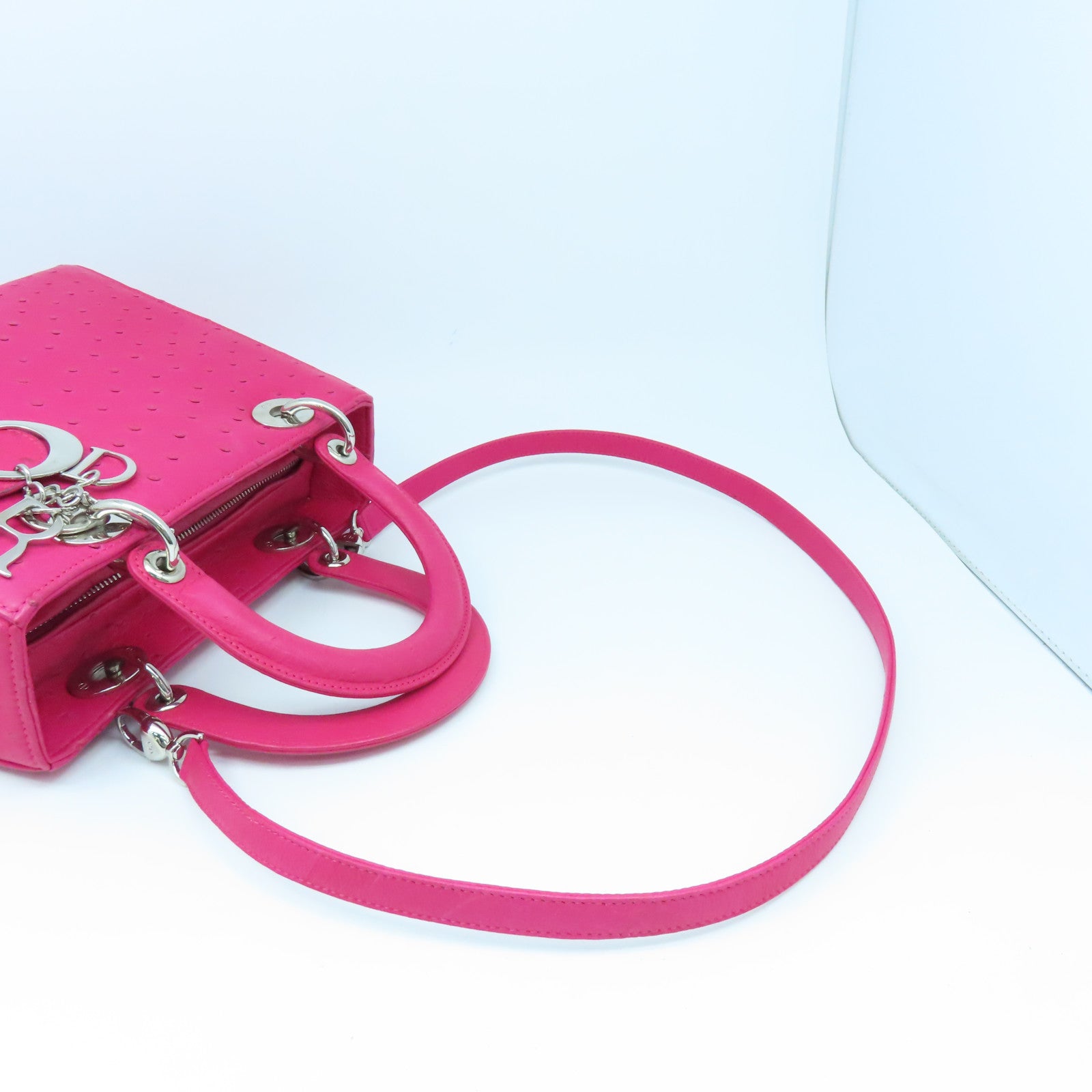Dior Ostrich Leather Lady Dior Silver Buckle Handle Shoulder Bag Pink