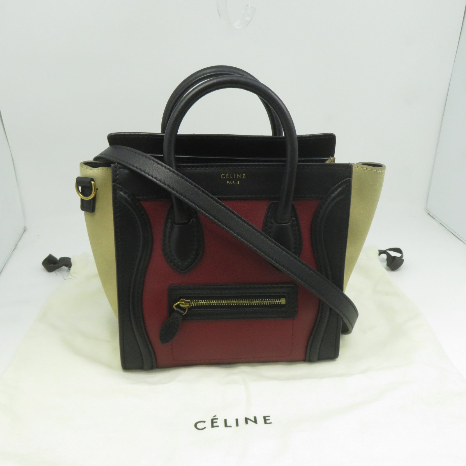 CELINE 牛皮皮革Nano Luggage金扣手挽肩背兩用袋紅色/黑色/米色