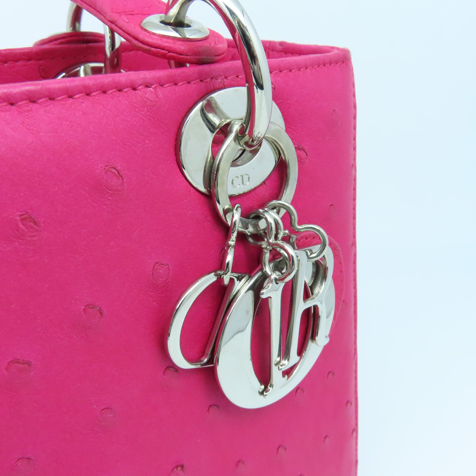 Dior Ostrich Leather Lady Dior Silver Buckle Handle Shoulder Bag Pink