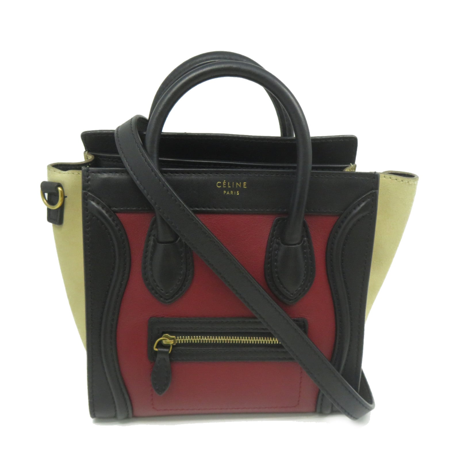 CELINE 牛皮皮革Nano Luggage金扣手挽肩背兩用袋紅色/黑色/米色