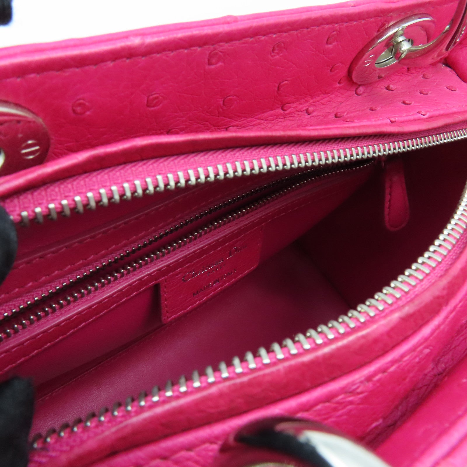 Dior Ostrich Leather Lady Dior Silver Buckle Handle Shoulder Bag Pink