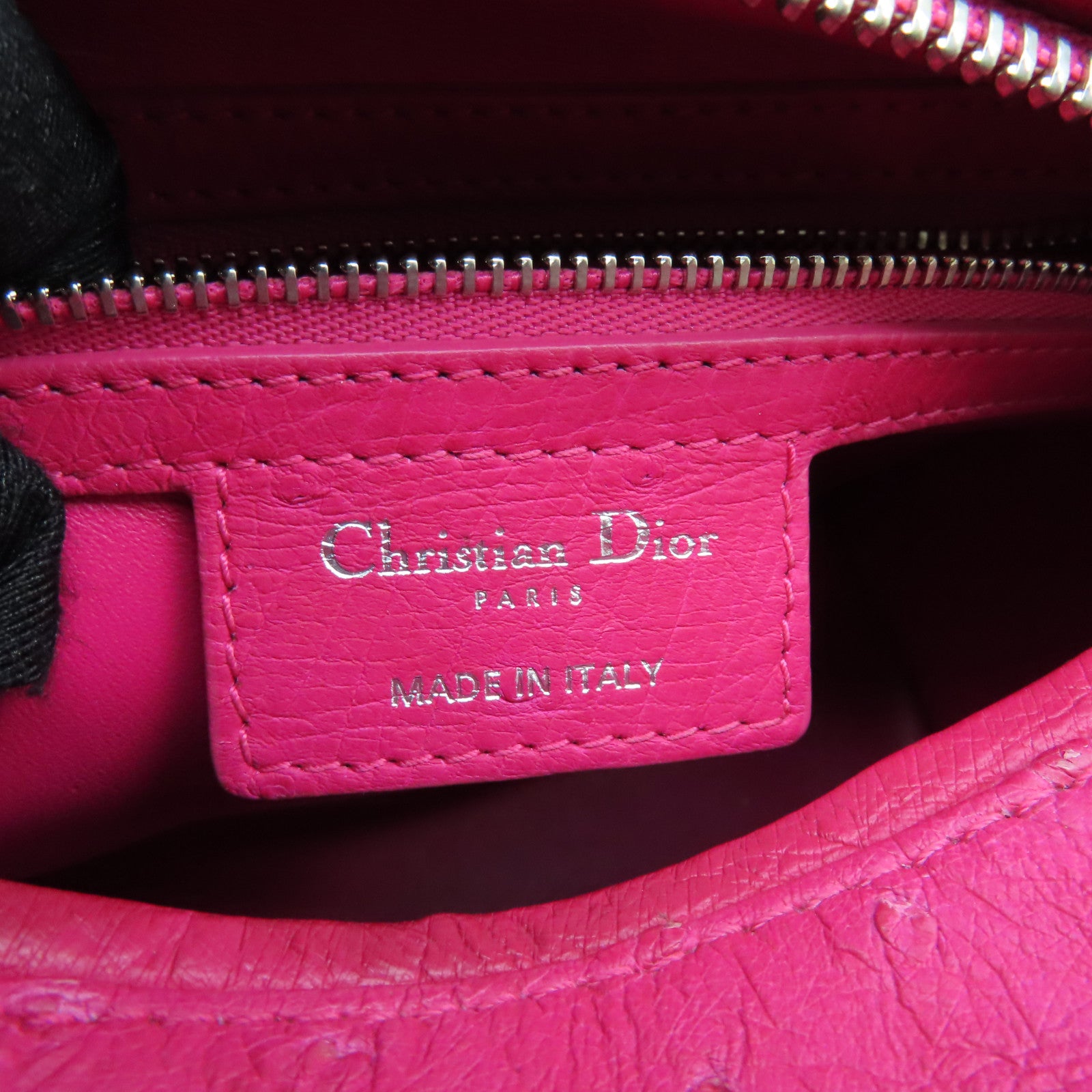 Dior Ostrich Leather Lady Dior Silver Buckle Handle Shoulder Bag Pink