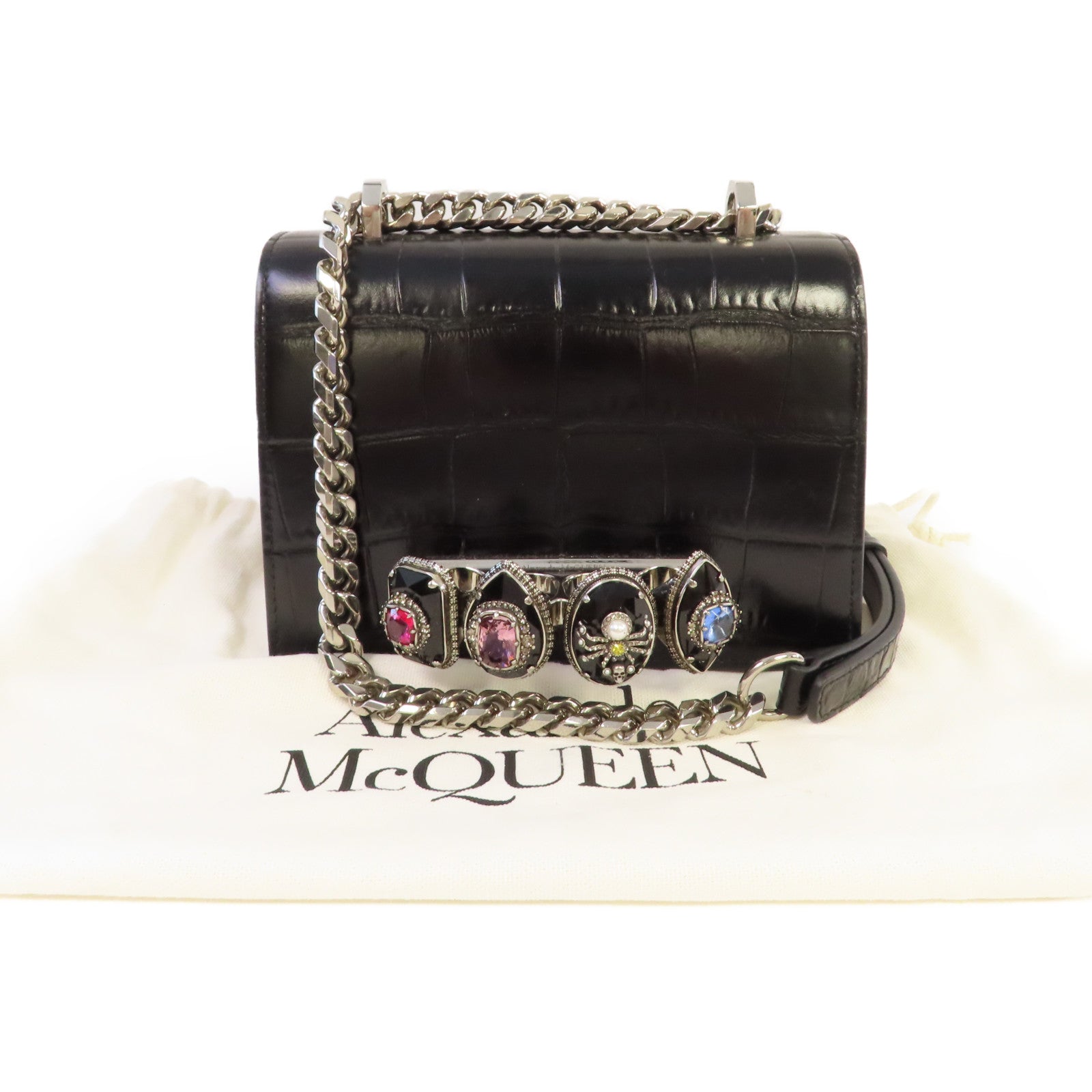 Alexander McQueen 牛皮皮革Chain Shoulder Bag銀扣鏈帶肩背袋黑色