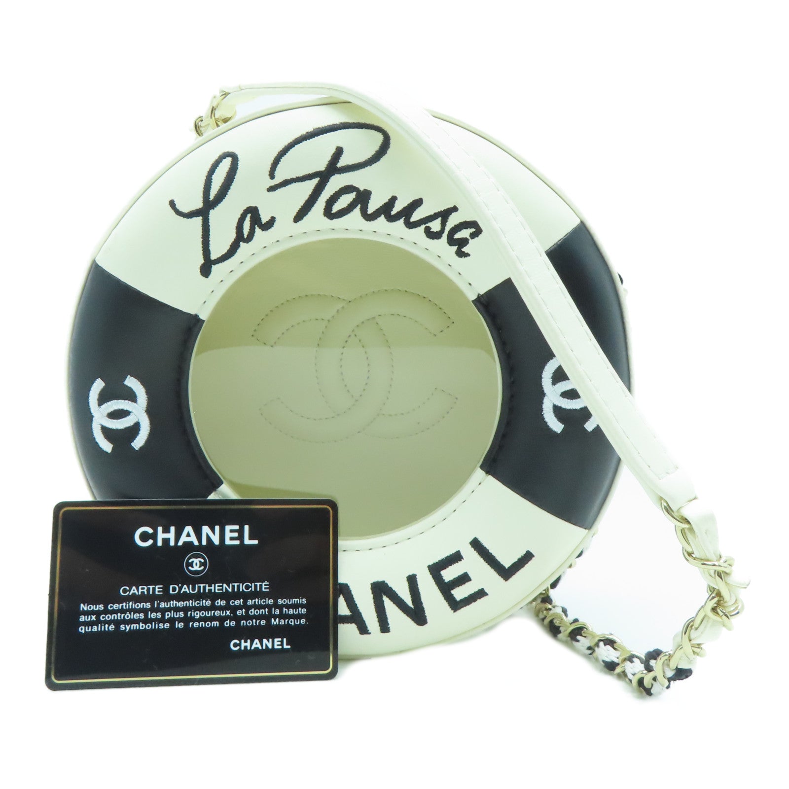 CHANEL 【激減優惠】羊皮皮革/PVC Chain Shoulder金扣鏈帶肩背袋白色/黑色