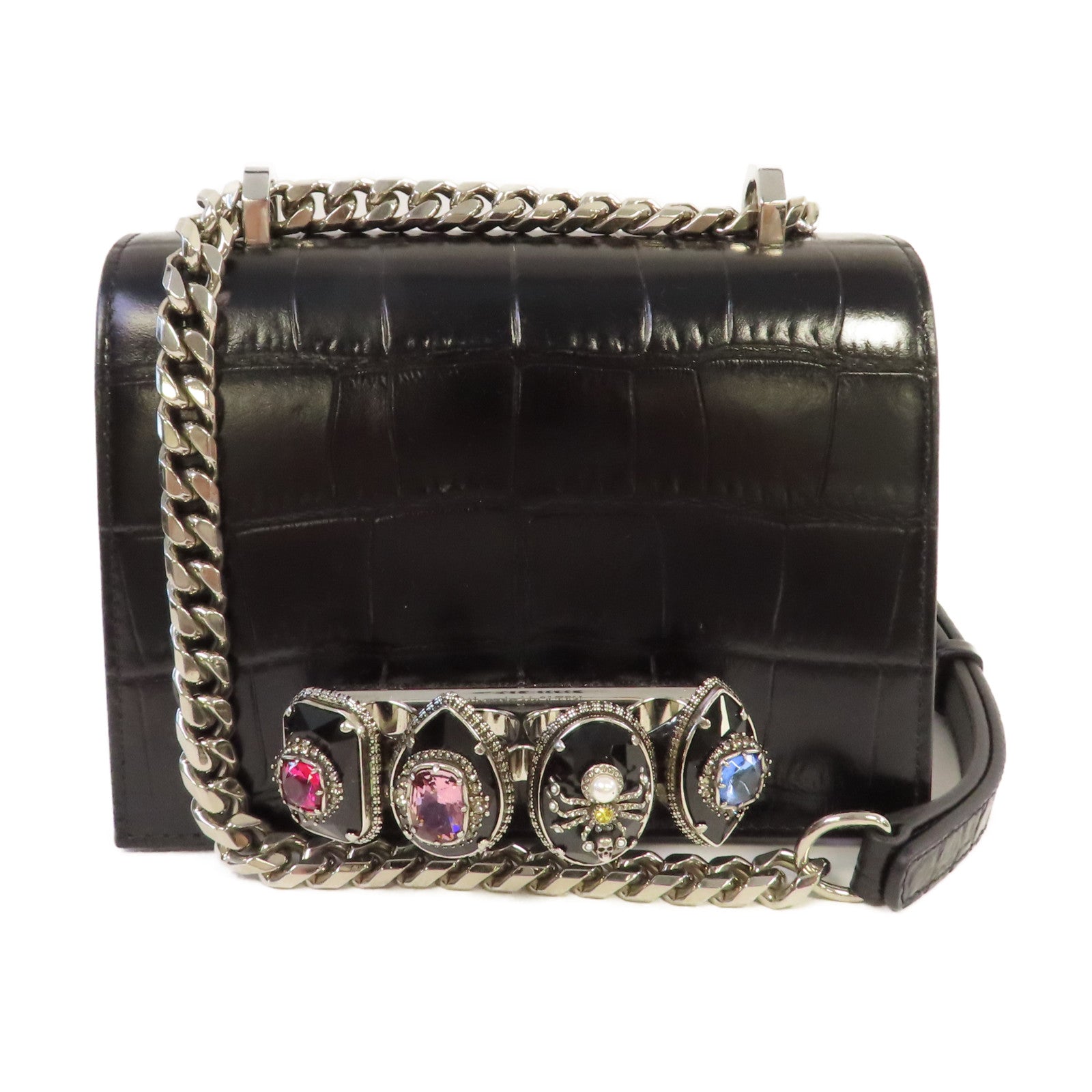 Alexander McQueen 牛皮皮革Chain Shoulder Bag銀扣鏈帶肩背袋黑色