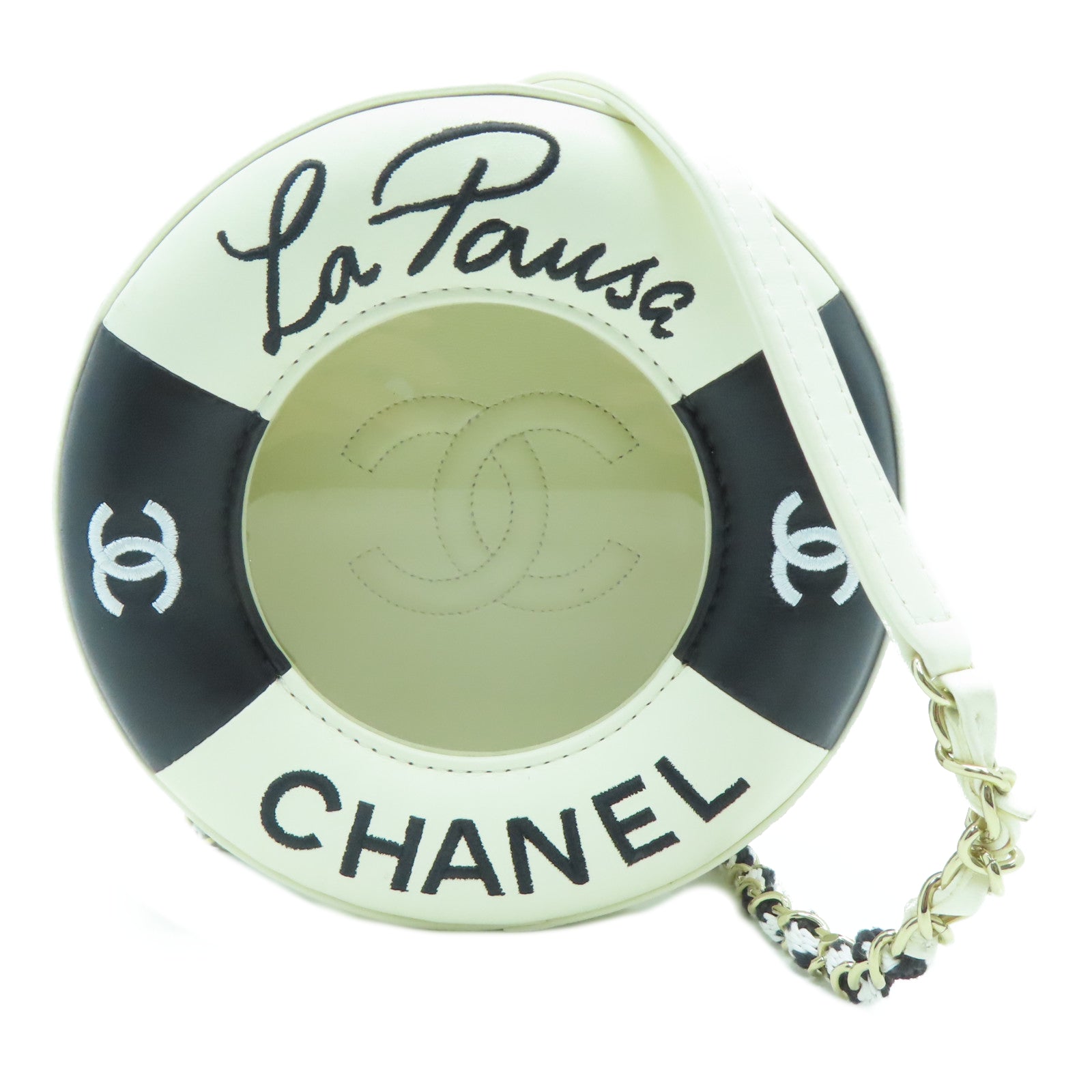 CHANEL 【激減優惠】羊皮皮革/PVC Chain Shoulder金扣鏈帶肩背袋白色/黑色