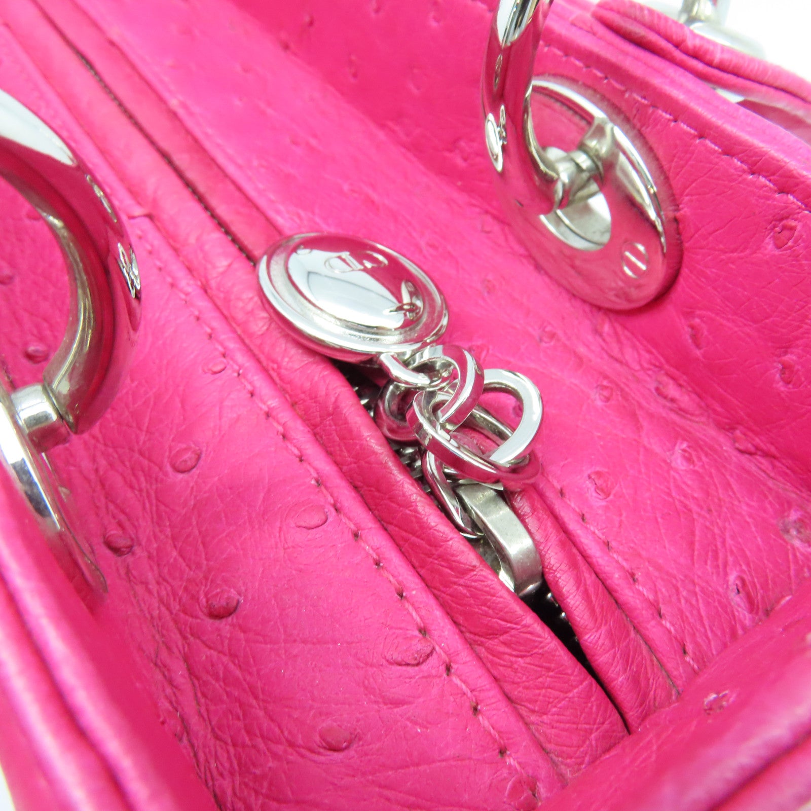 Dior Ostrich Leather Lady Dior Silver Buckle Handle Shoulder Bag Pink