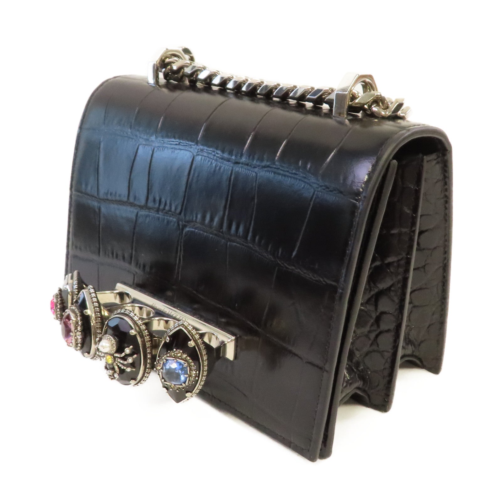 Alexander McQueen 牛皮皮革Chain Shoulder Bag銀扣鏈帶肩背袋黑色