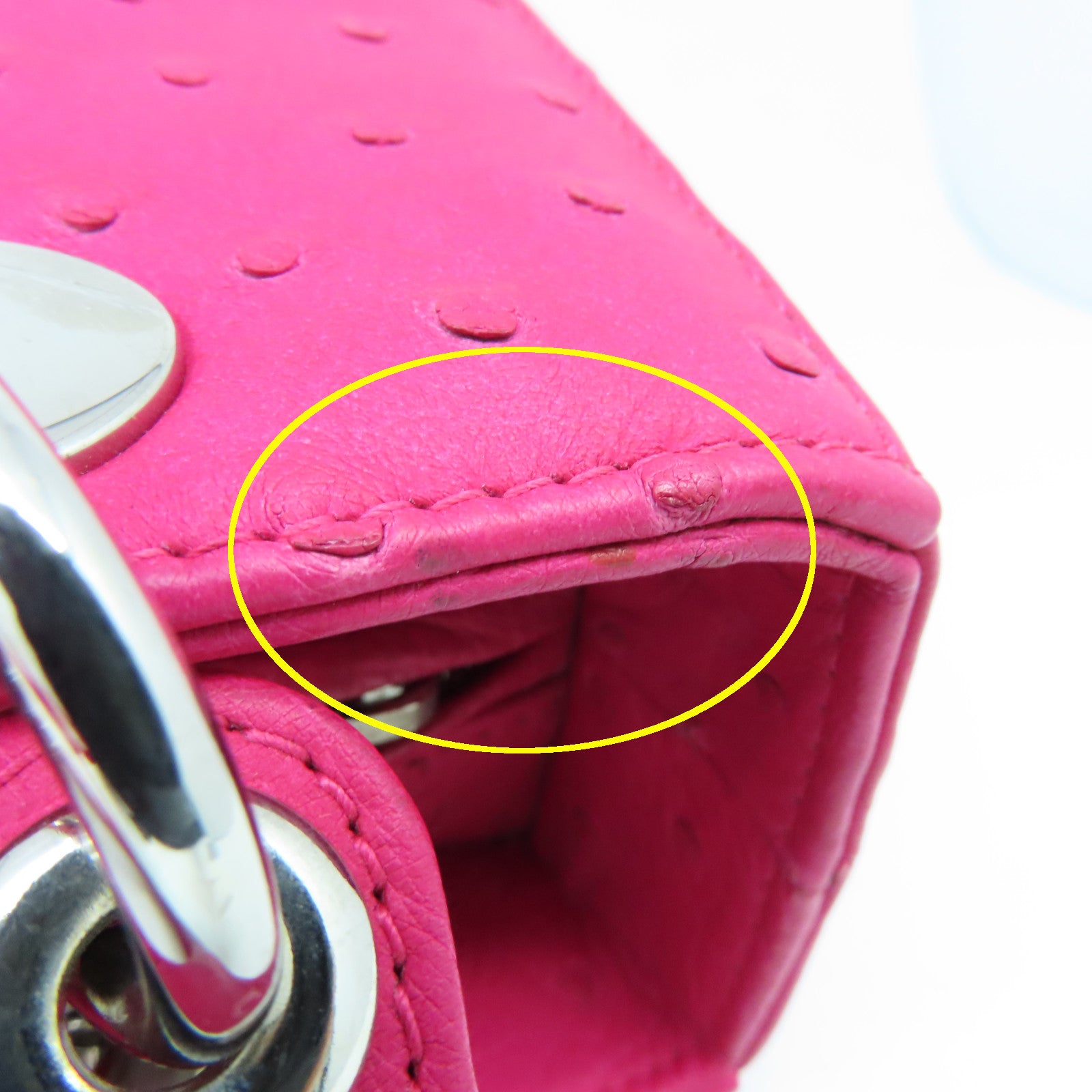 Dior Ostrich Leather Lady Dior Silver Buckle Handle Shoulder Bag Pink