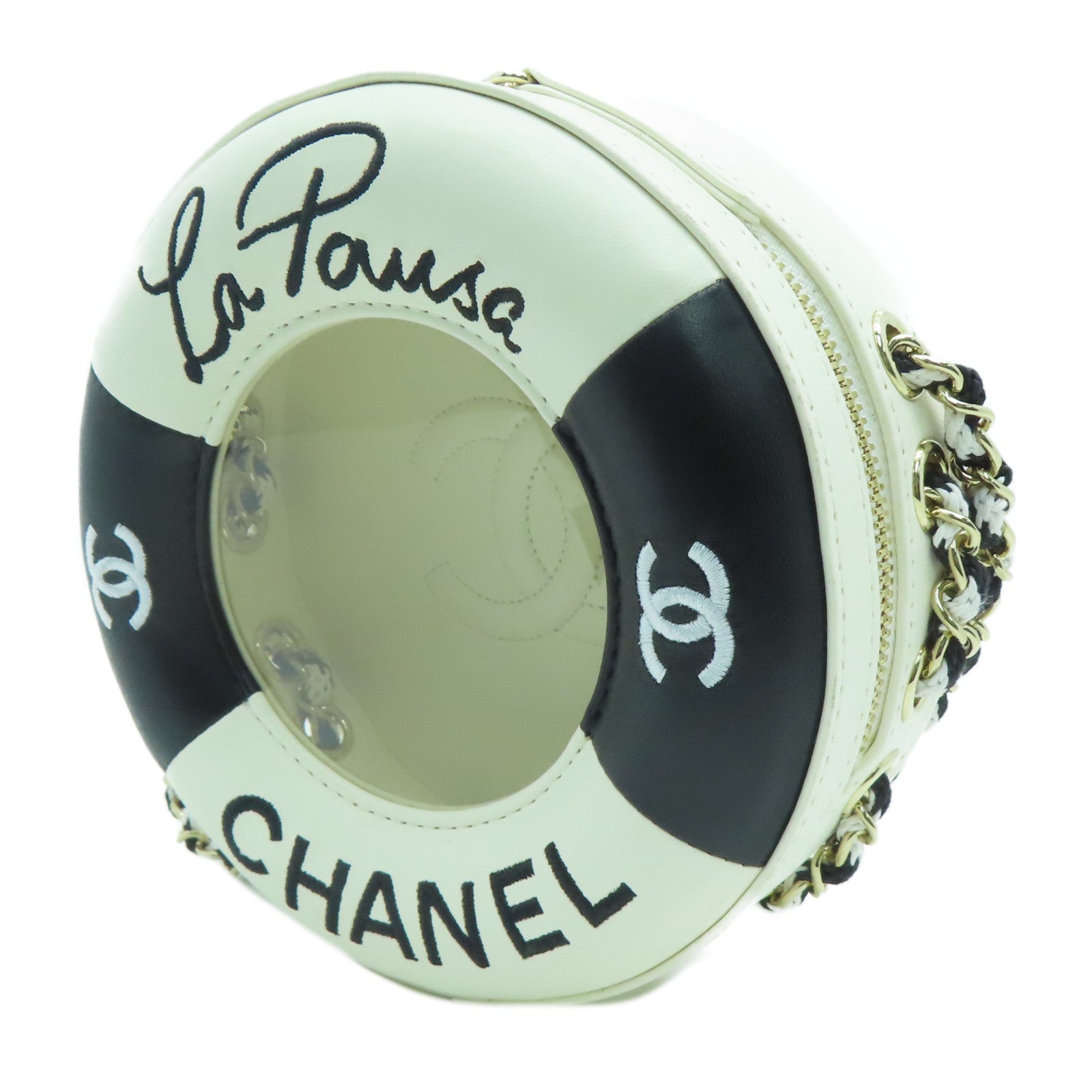 CHANEL 【激減優惠】羊皮皮革/PVC Chain Shoulder金扣鏈帶肩背袋白色/黑色