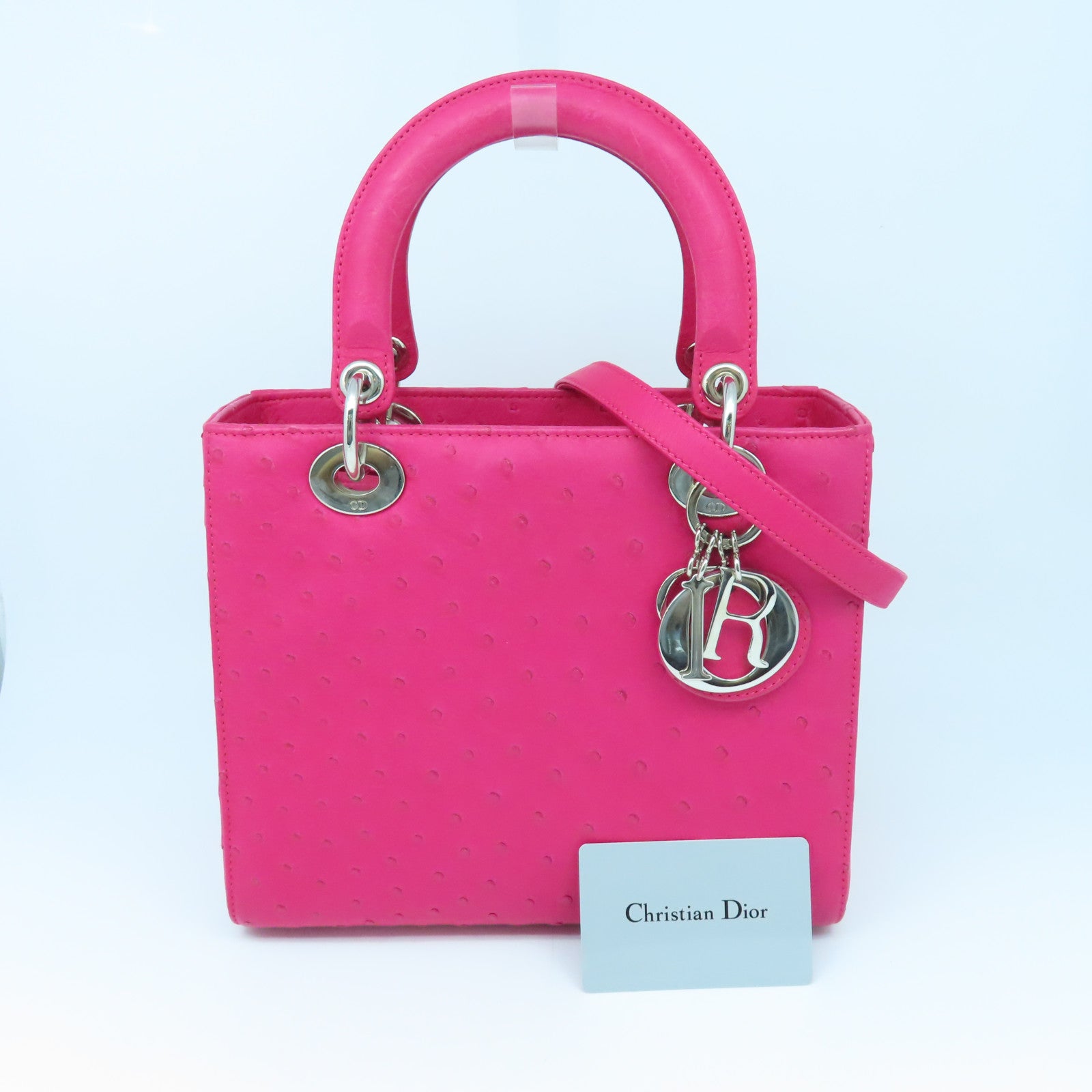Dior Ostrich Leather Lady Dior Silver Buckle Handle Shoulder Bag Pink