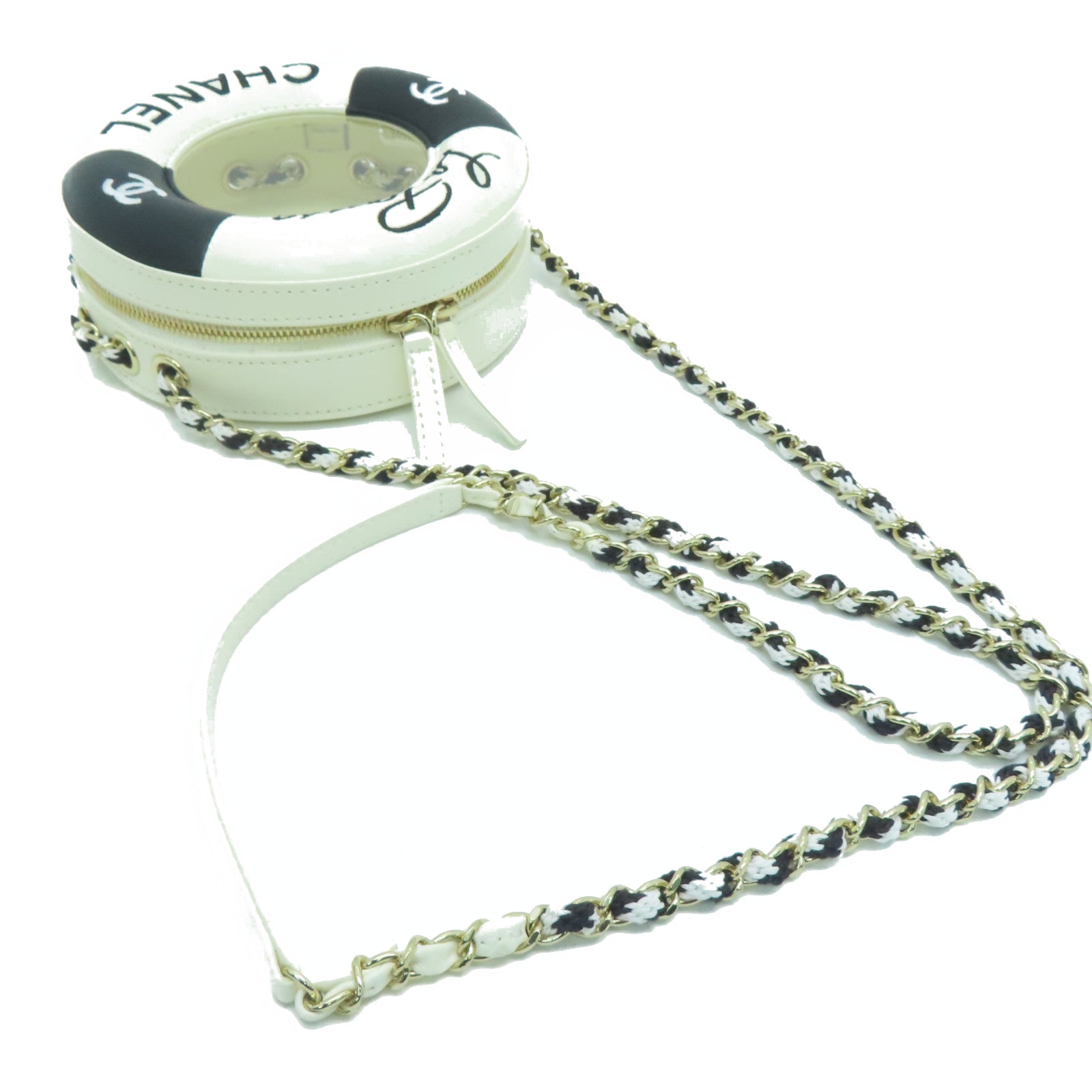 CHANEL 【激減優惠】羊皮皮革/PVC Chain Shoulder金扣鏈帶肩背袋白色/黑色
