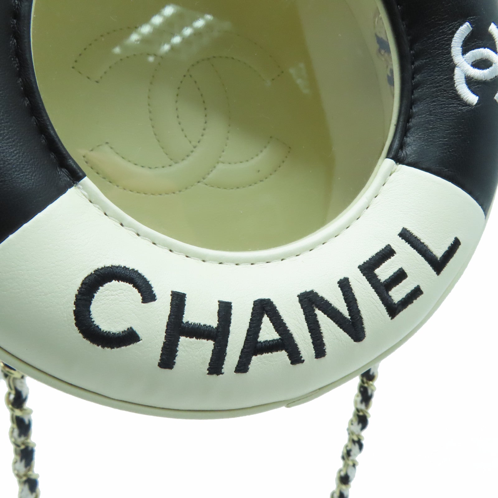 CHANEL 【激減優惠】羊皮皮革/PVC Chain Shoulder金扣鏈帶肩背袋白色/黑色