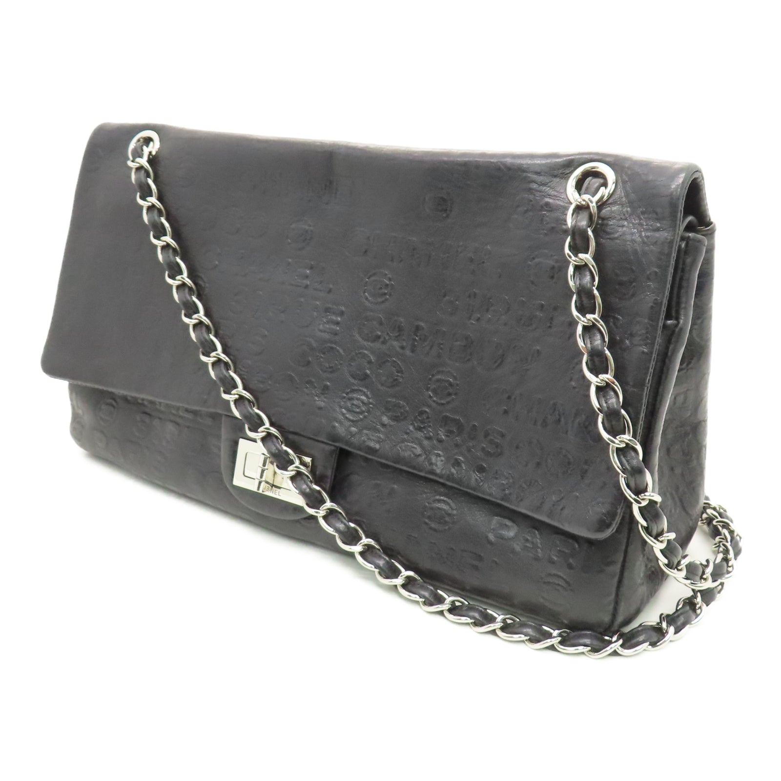 CHANEL 牛皮皮革Shoulder Bag银扣链带肩背袋黑色