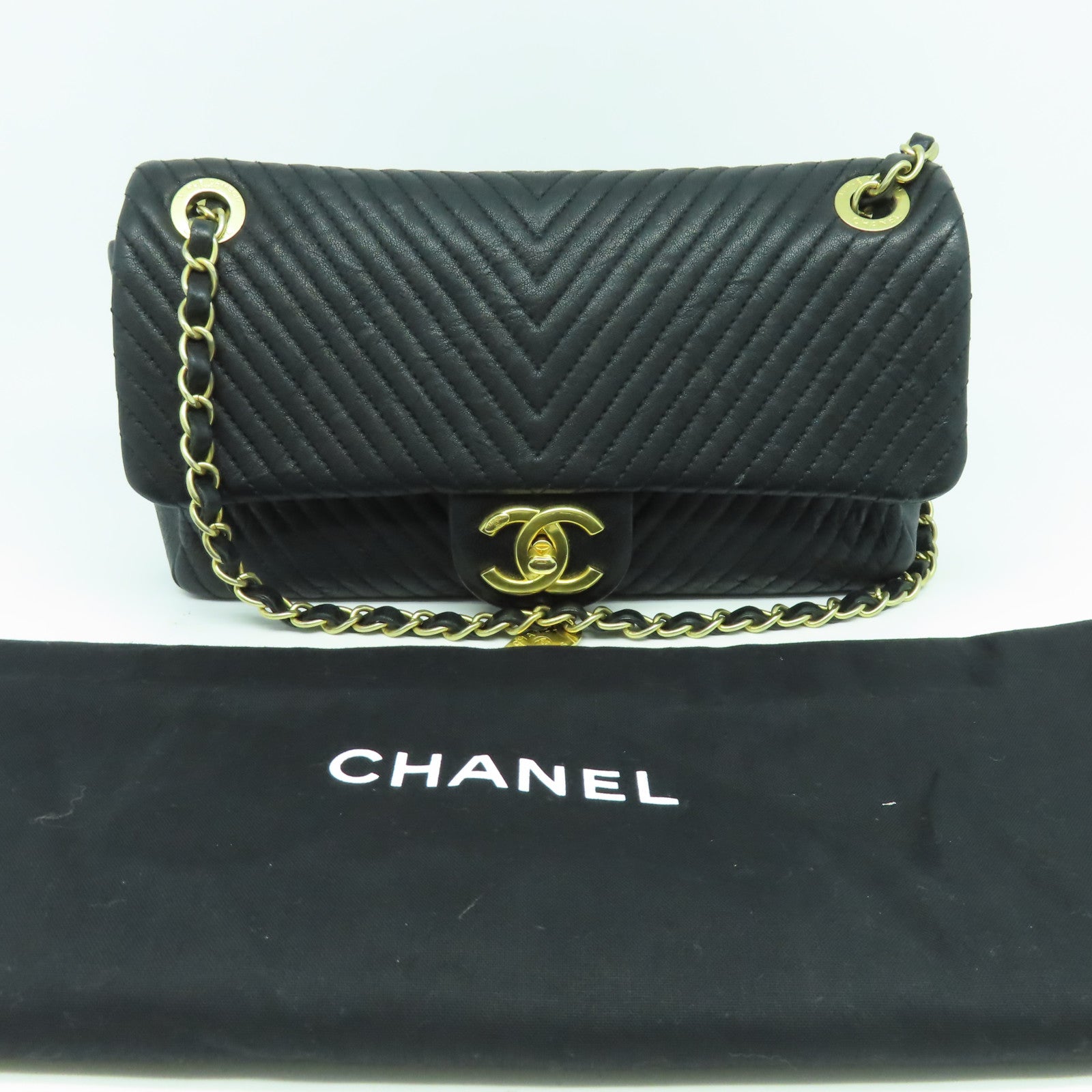 CHANEL 斜紋牛皮皮革Chain Shoulder金扣鏈帶肩背袋黑色