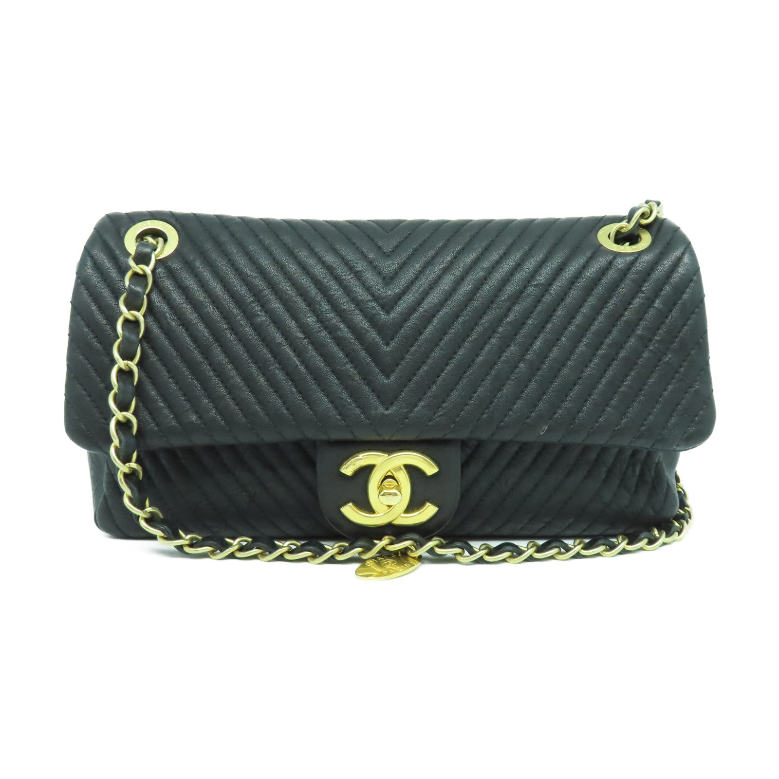 CHANEL 斜紋牛皮皮革Chain Shoulder金扣鏈帶肩背袋黑色