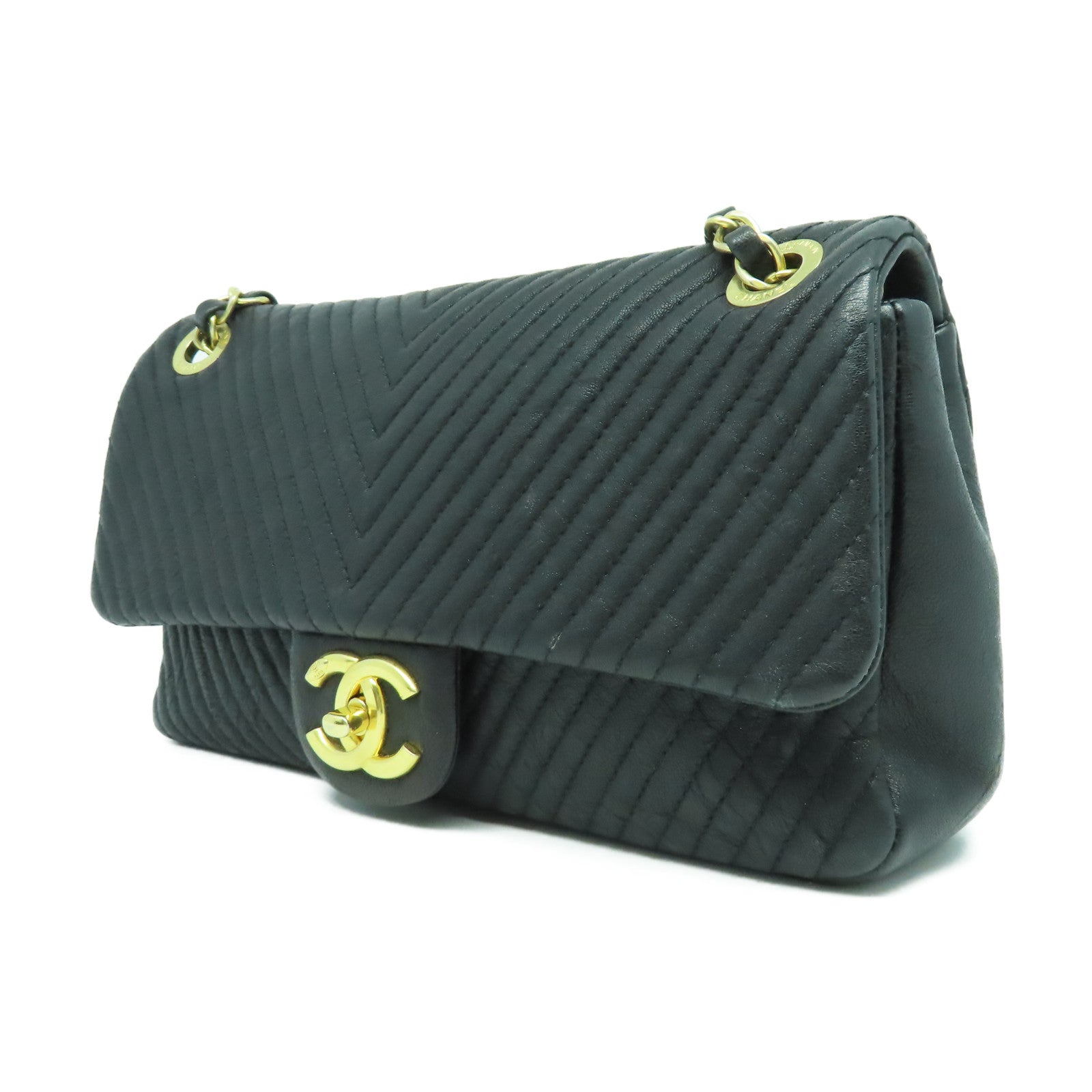 CHANEL 斜紋牛皮皮革Chain Shoulder金扣鏈帶肩背袋黑色
