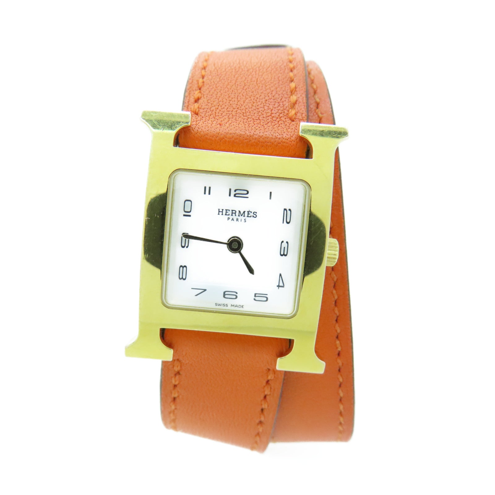 HERMES H watch鍍金/Swift皮革帶手錶石英機芯橙色