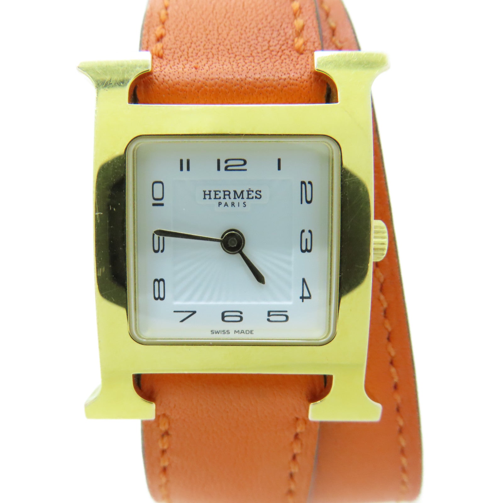 HERMES H watch鍍金/Swift皮革帶手錶石英機芯橙色